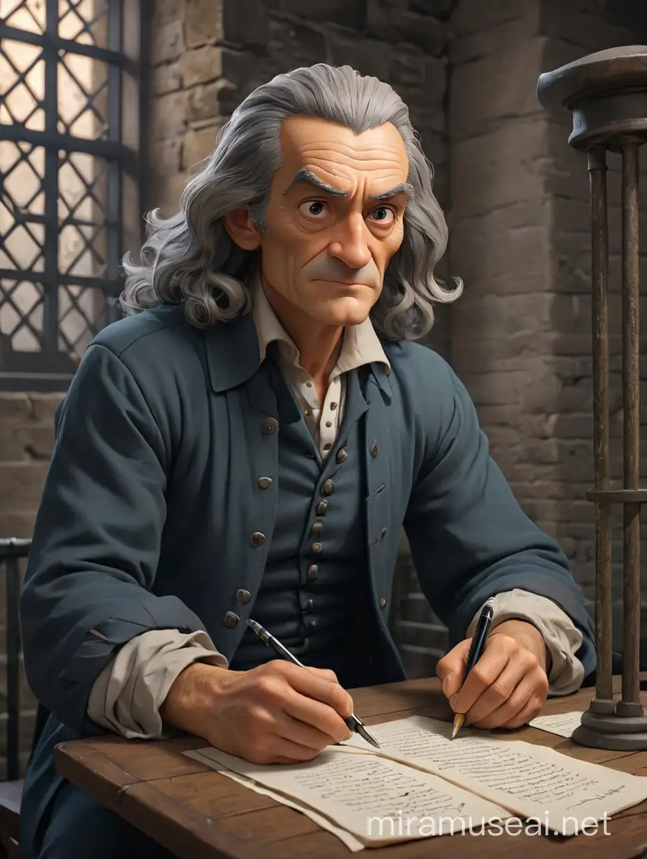 Voltaire Writing Philosophical Insights in Prison 3D Animated Realism