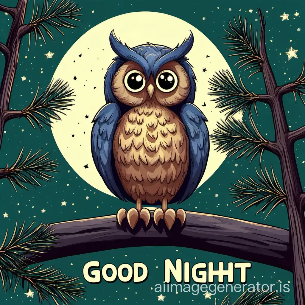 Adorable-Owl-Perched-on-Pine-Tree-Saying-Good-Night-to-Camera