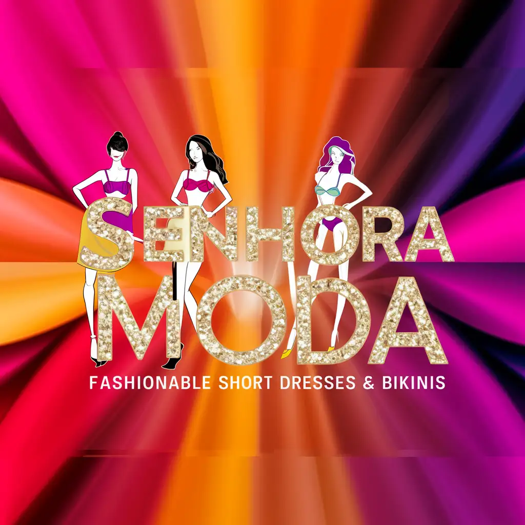 Logo brand of a Shop named Senhora Moda that sells short dresses and bikinis. The image must contain a bikini and a short dress. The background, letters, and representations should be colored to call attention.