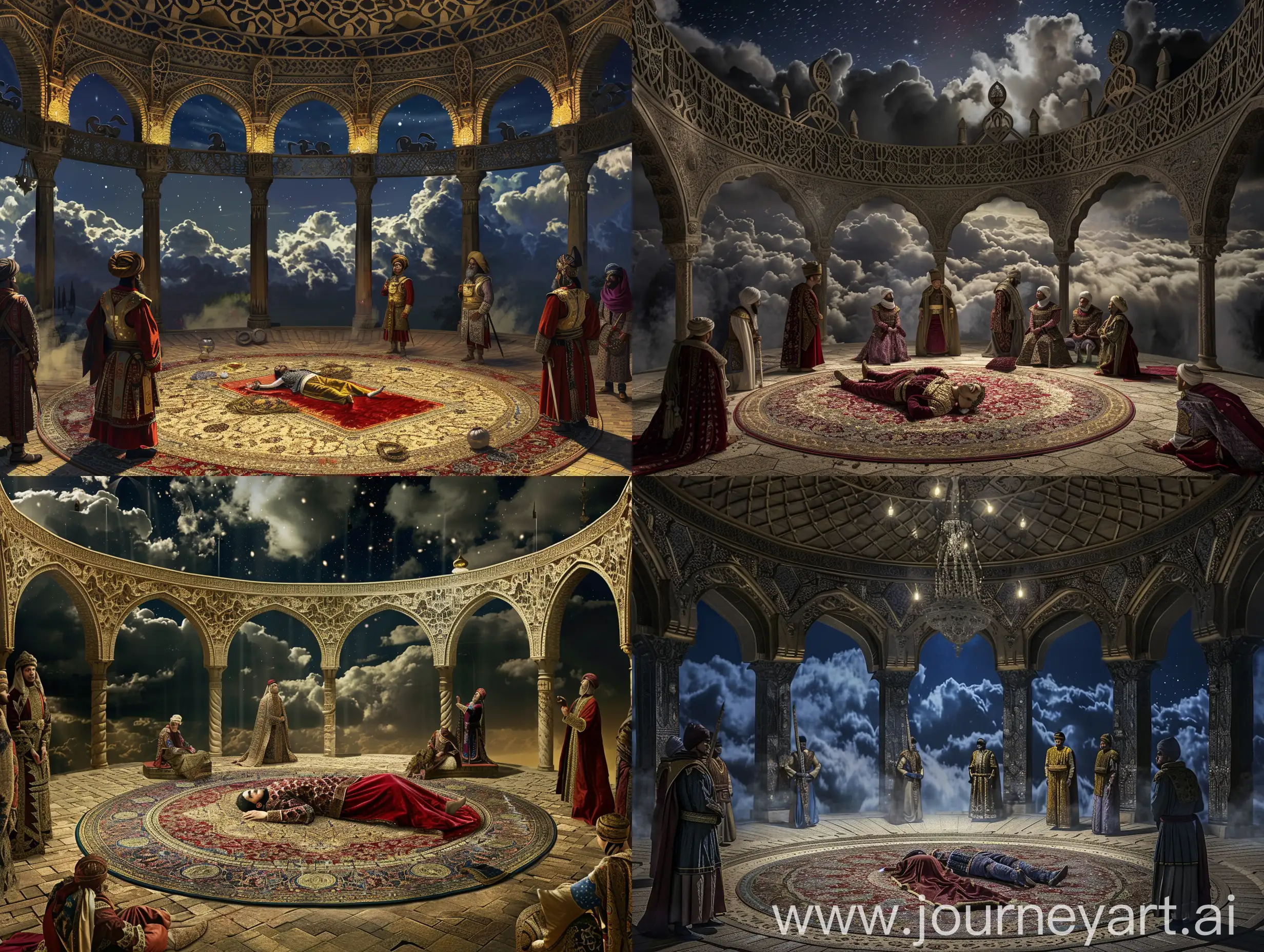 inside of a round isolated hall covered with muqarnas ceiling, a dead prince lying on the persian carpet surrounded by ottoman guards in janissary dress, Persian arches in the background, night view of clouds outside the arches