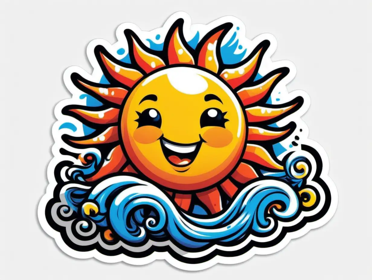 Excited Sun and Sea Sticker with Primary Color Graffiti on White Background
