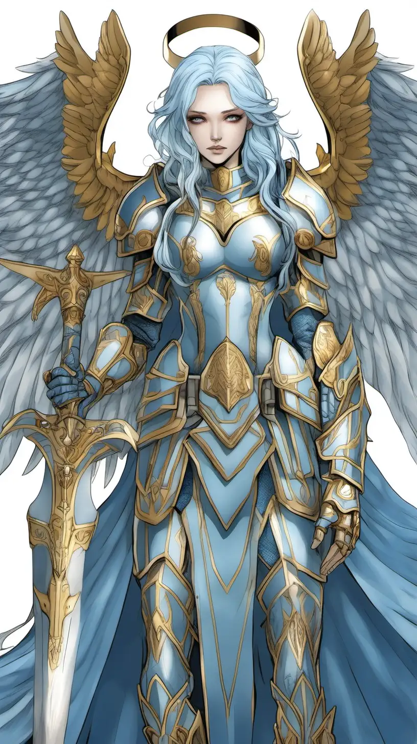A Valkyrie angel type woman, with pale blue hair, hidden eyes, beautiful feminine features, no bad anatomy, blue and gold armor