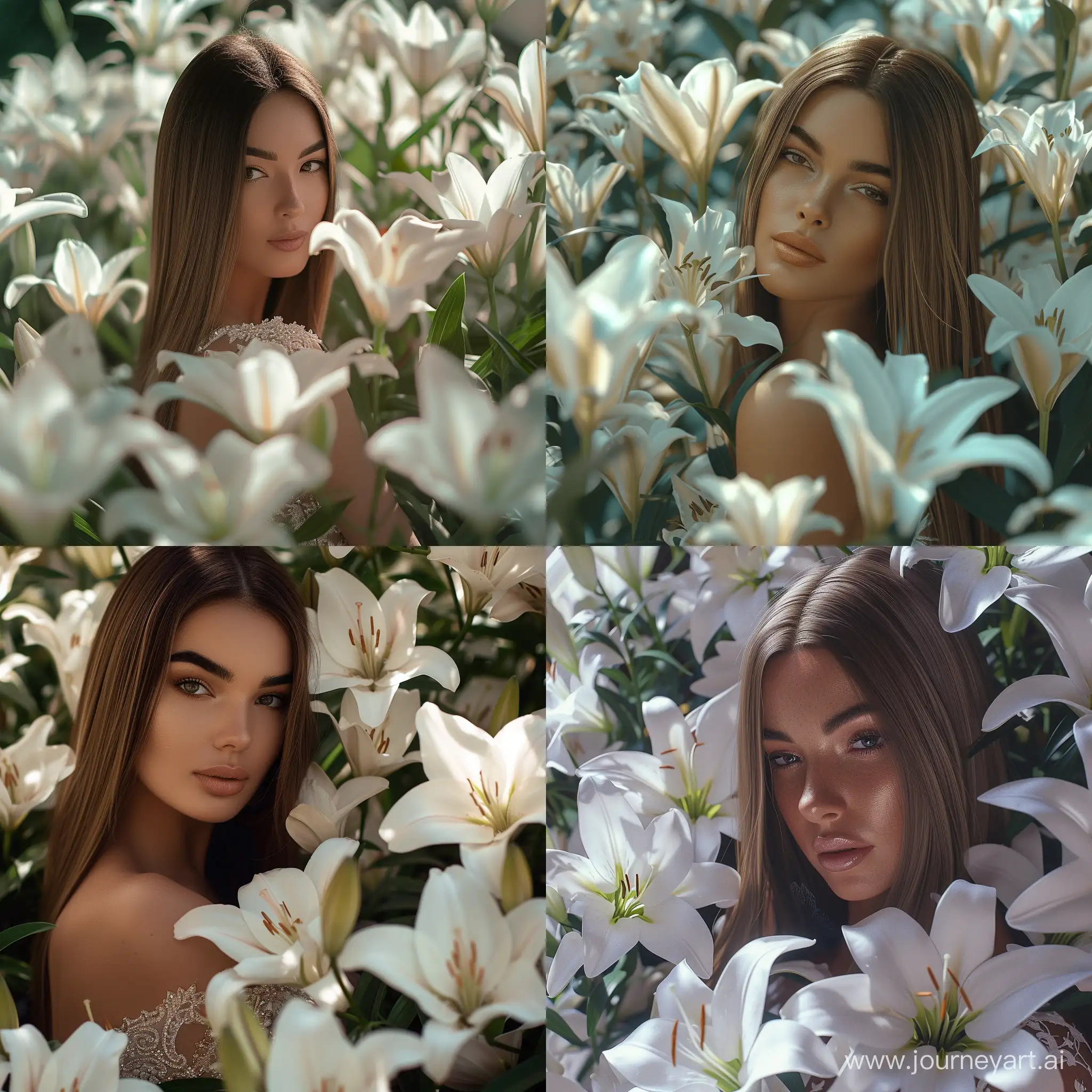 Beautiful woman with straight brown hair in the garden full of white lily flowers. She is wearing luxury dress. Close up detailed realistic image.