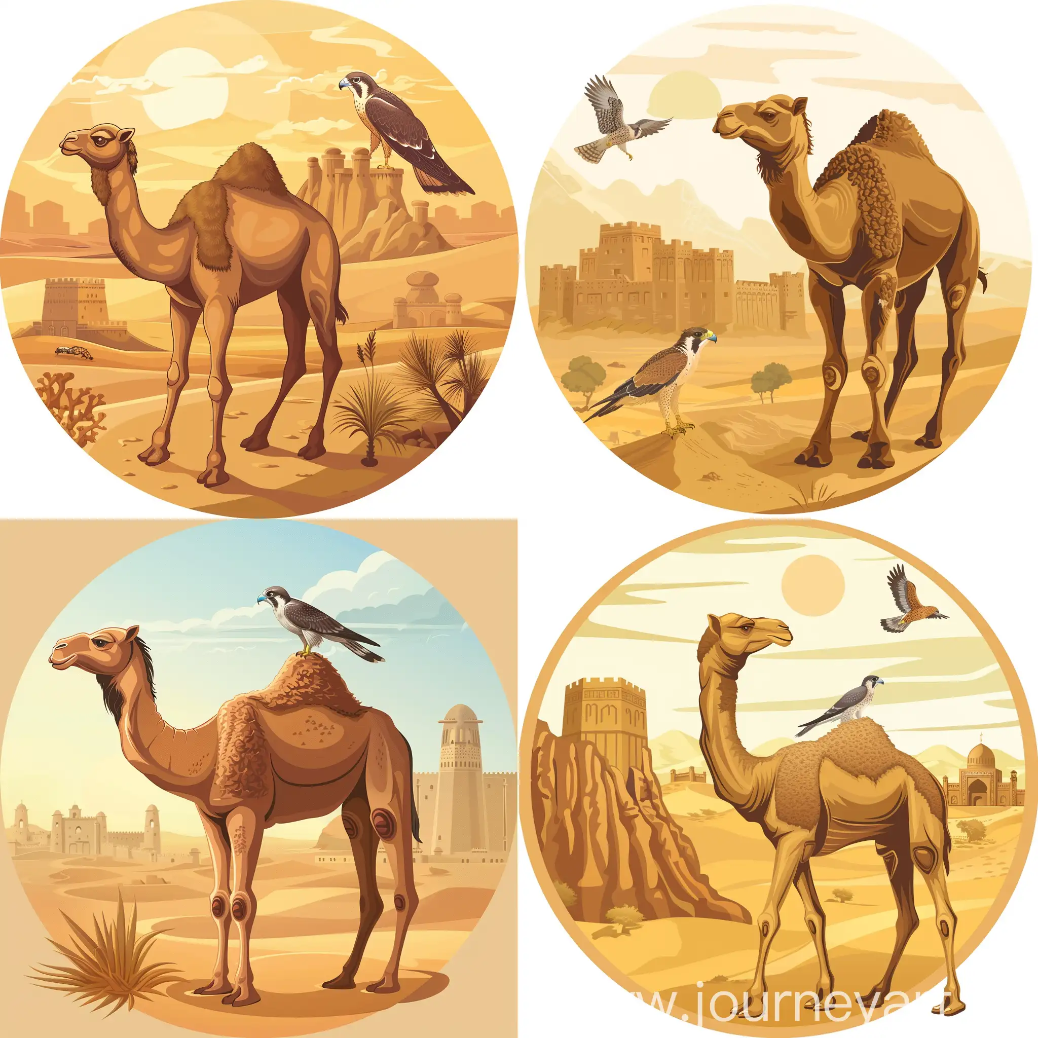 Vector
 Camel in a Desert with Desert falcon,Forts in background in circular shape