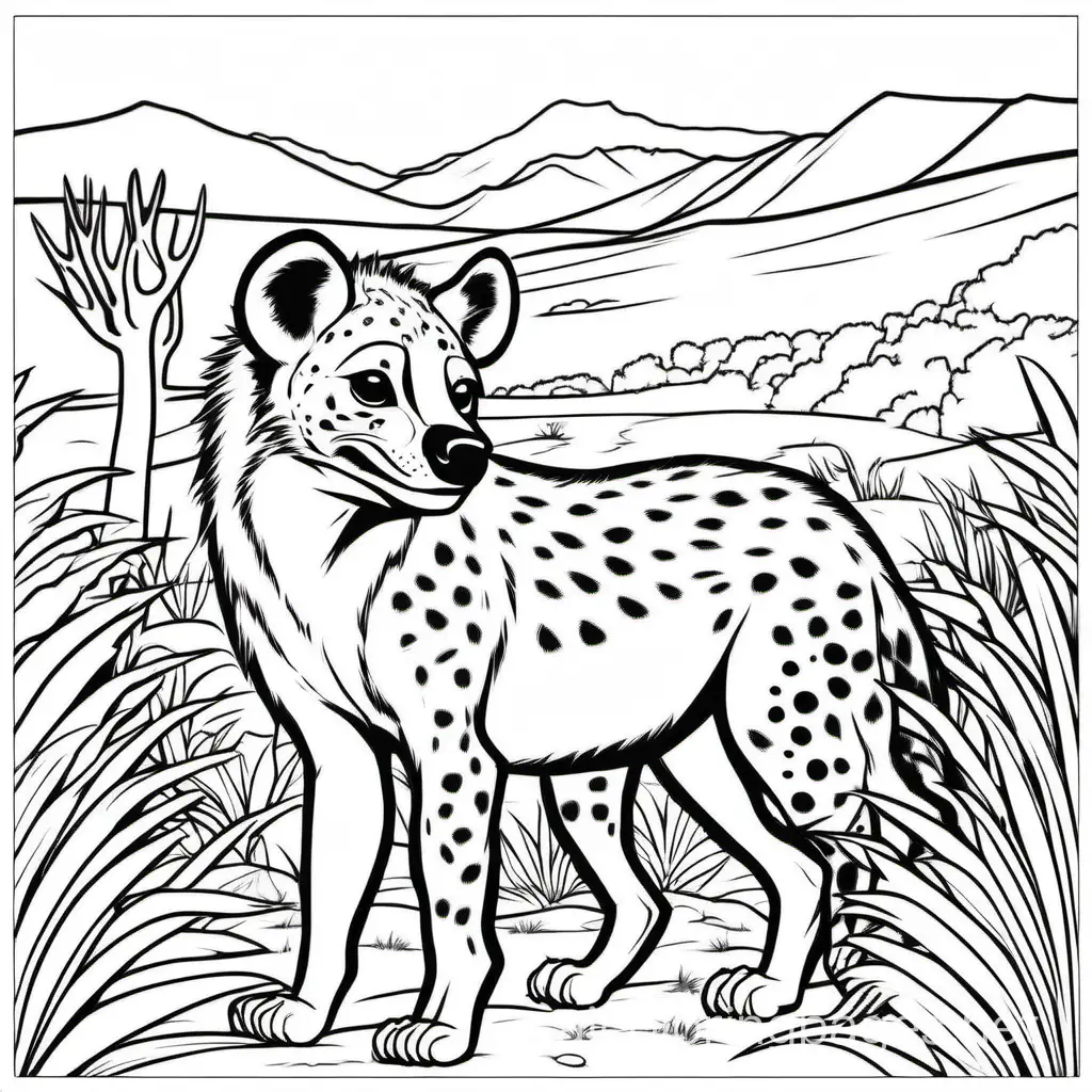 10 hyena and animals in action, coloring book page, clear thick outlines, savanna background, –no complex patterns, shading, color, sketch, color, Coloring Page, black and white, line art, white background, Simplicity, Ample White Space. The background of the coloring page is plain white to make it easy for young children to color within the lines. The outlines of all the subjects are easy to distinguish, making it simple for kids to color without too much difficulty