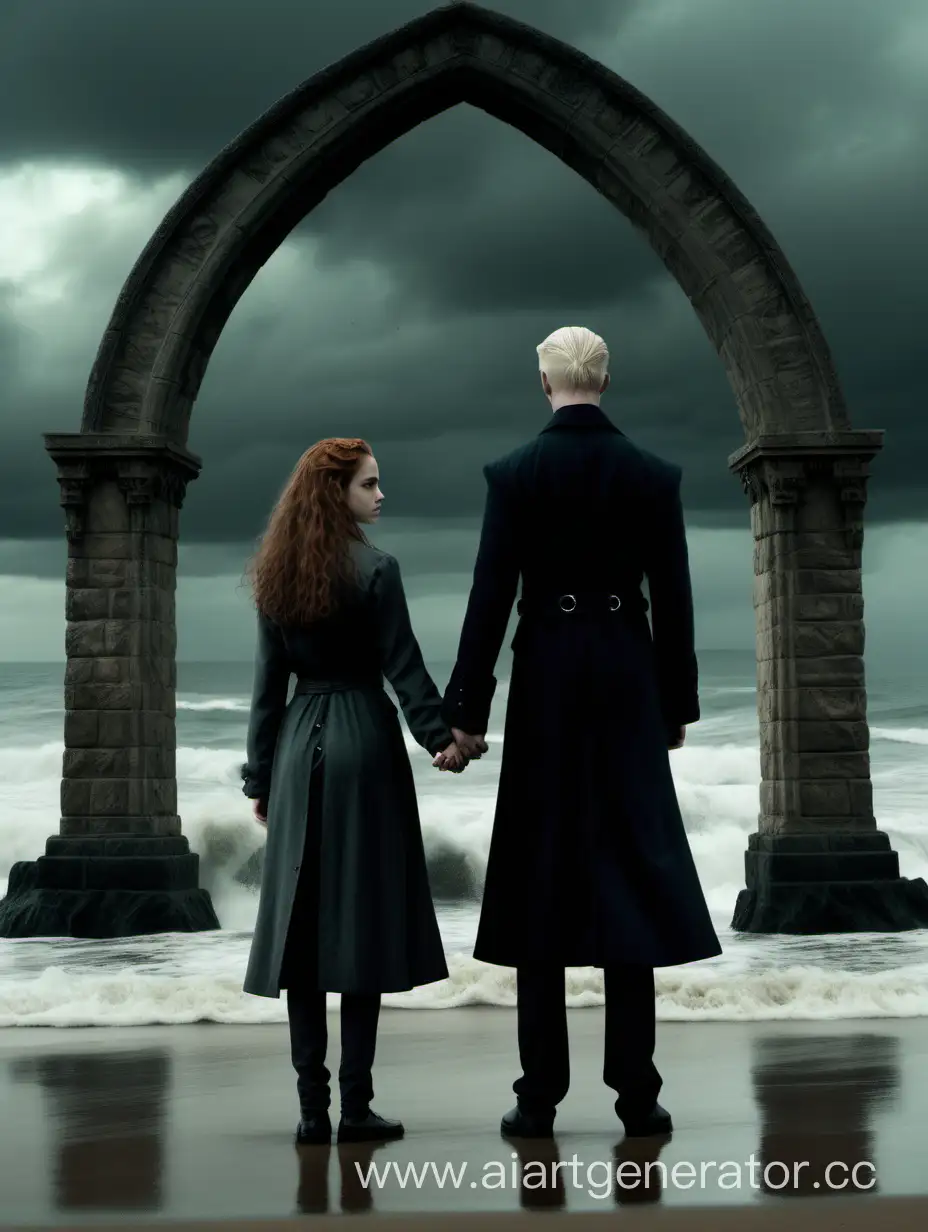 Гермиона Грейнджер и Драко Малфой стоят на берегу моря. Море штормит, пасмурно. Гермиона и Драко держаться за руки. Позади них каменная готическая арка. 