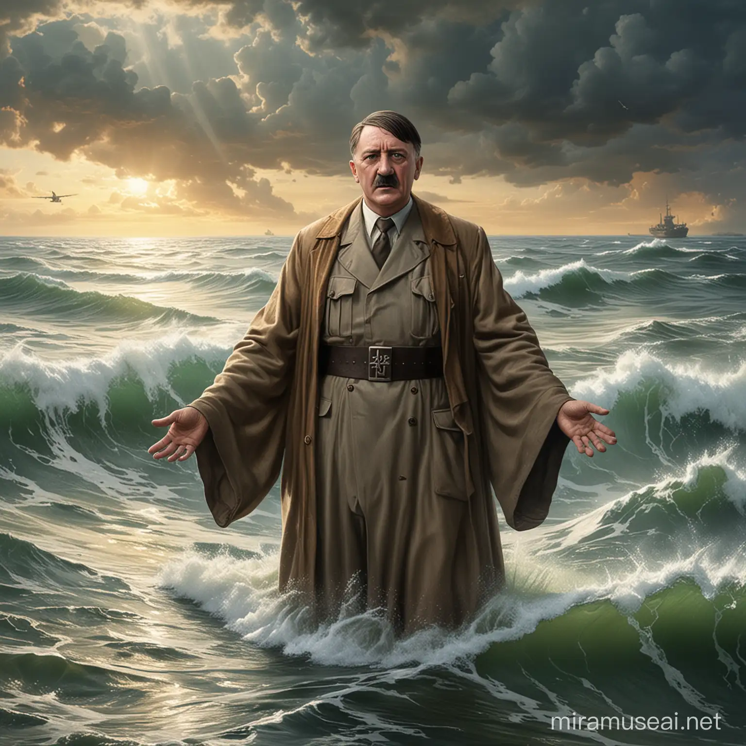 Adolf Hitler as Moses splitting the English channel 