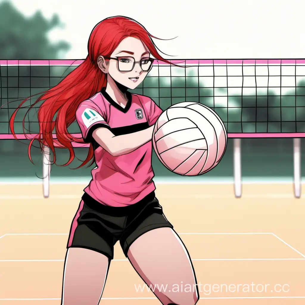 рыжоволосая девочка , в очках , розовая черная одежда  , спортивная форма , играет в волейбол 