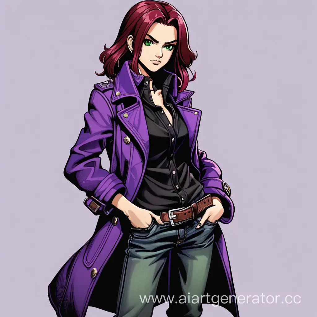 A girl with dark red hair and green eyes, in the style of the game drawn graphics ink-shading, kel-shaded, game graphics of the old game, the girl is wearing a purple coat, but it is not worn just hanging on her shoulders, she also has a black shirt, a slightly slipping belt and black jeans and boots, a full-length girl, she looks very daring, elegant and she grinned and raised one eyebrow and frowns, crossing her arms, Jojo style, top view, cool pose