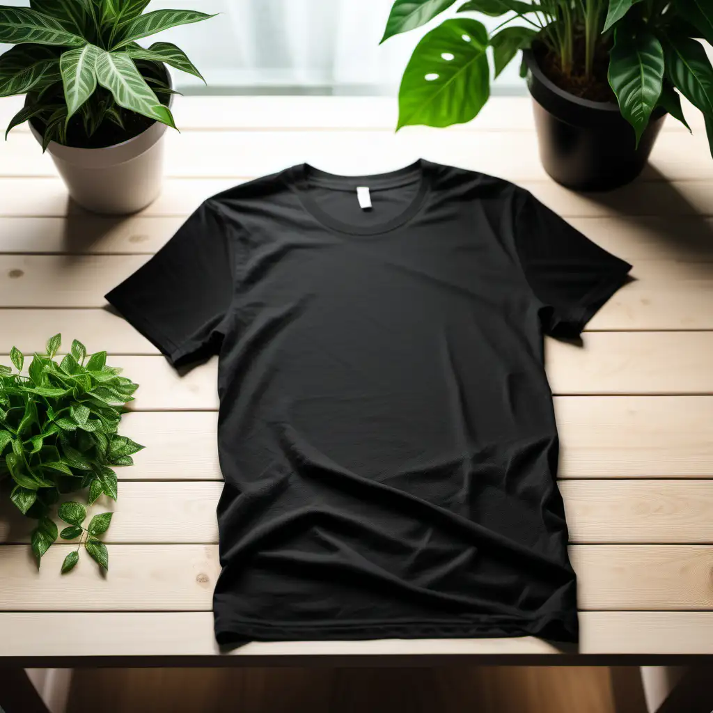 MockUp Blank Black TShirt on Wooden Table with Plant Accents