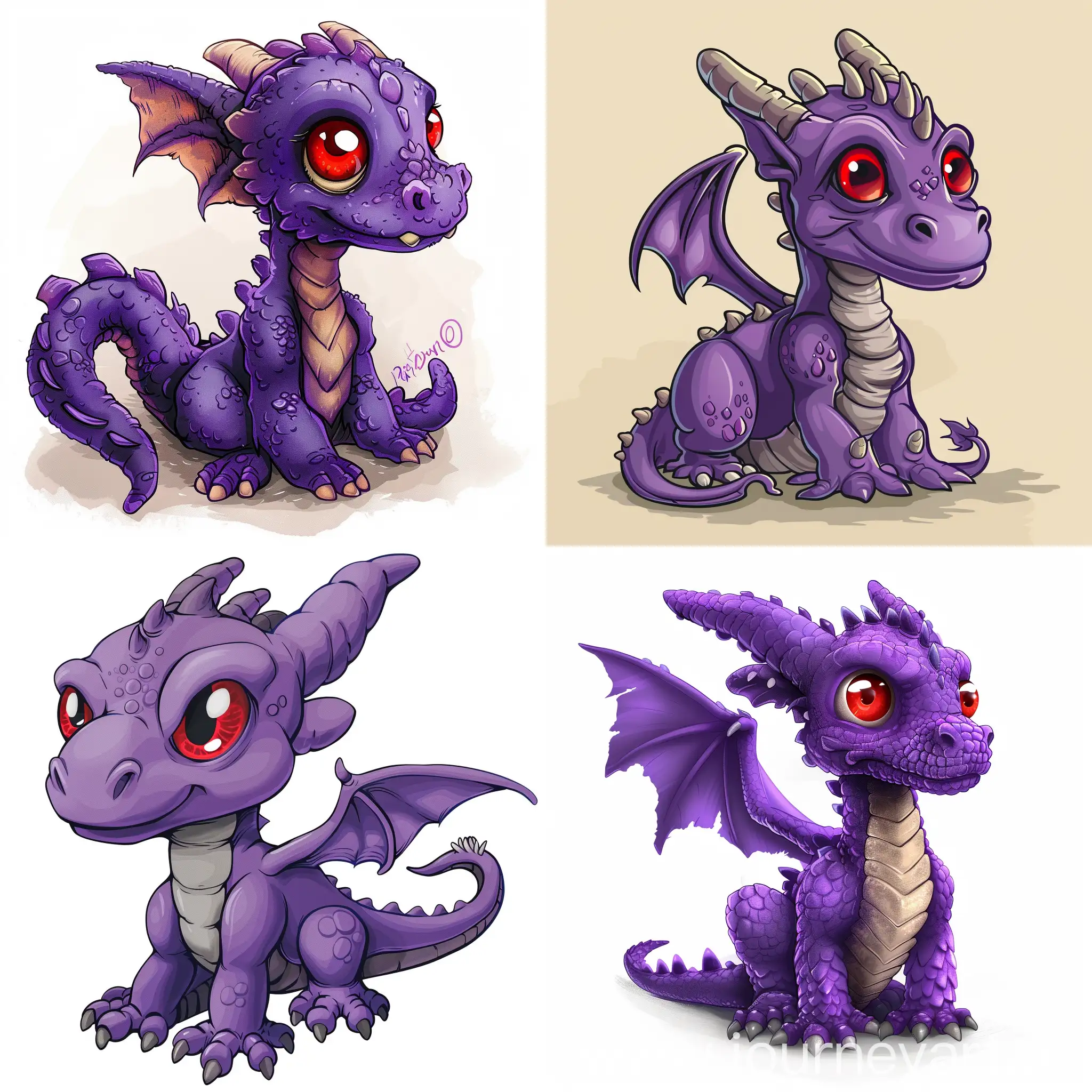 Purple cartoon dragon, red eyes.