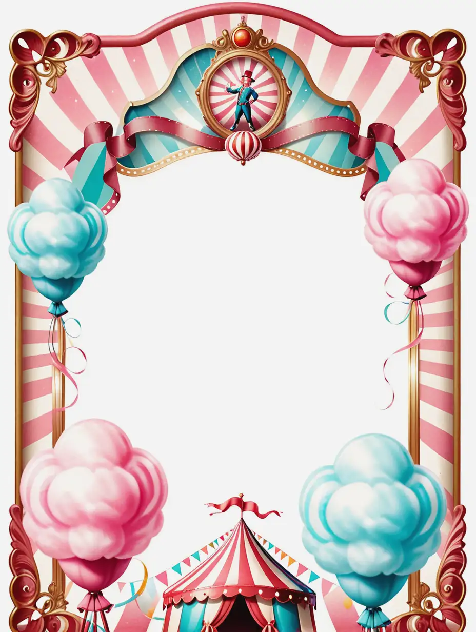 Vintage Circus Decorative Frame with Cotton Candy on White Background