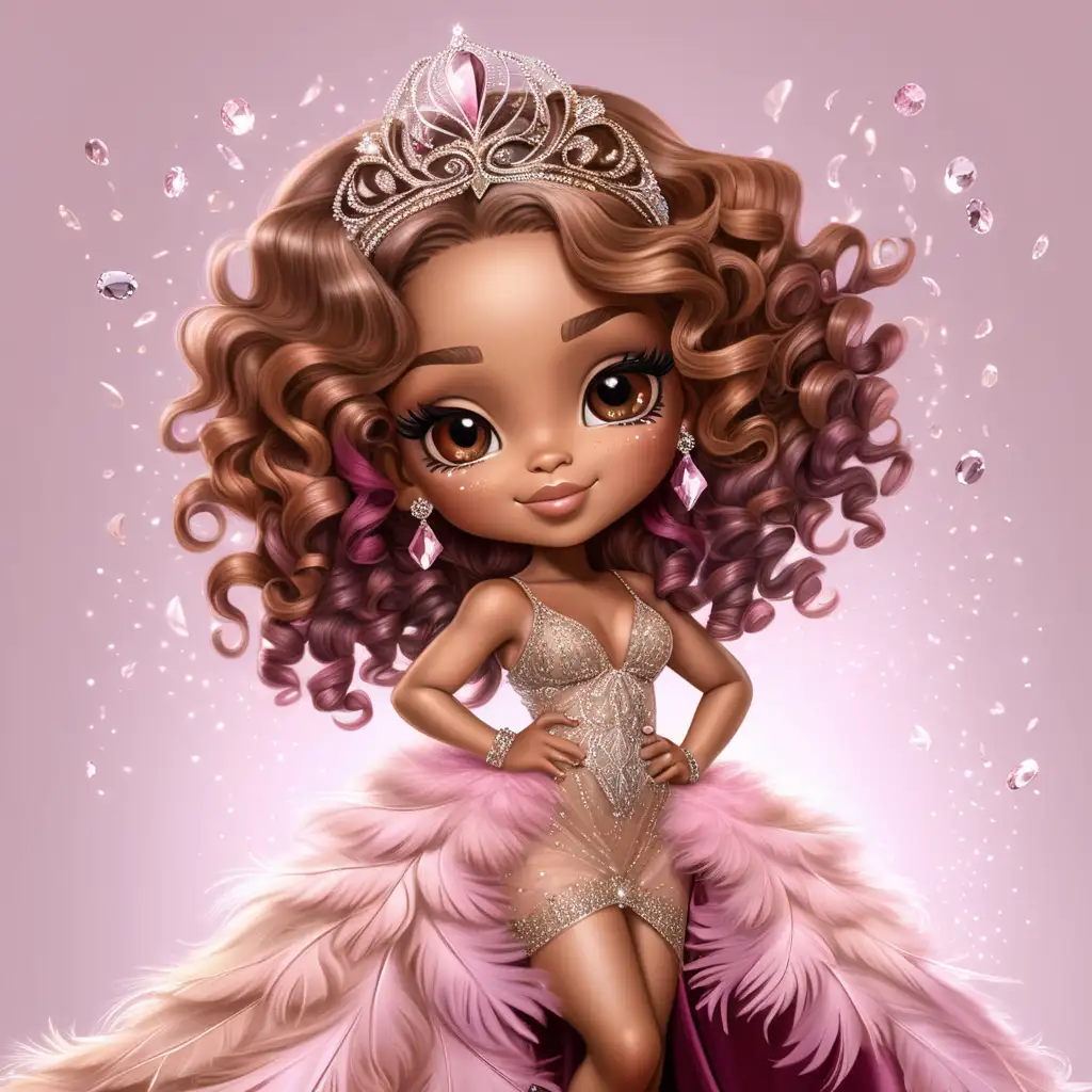 Imagine an ultra-realistic chibi-style
illustration showcasing a caramel-skinned,
curvy African American woman radiating charm. Picture her with burgundy and brown highlights wavy hair,
long lashes, and adorned with chic
accessories. Dressed in a stunning gown
crafted from pink rhinestones and feathers,
she graces a beautiful ballroom with a champagne 
veil adding an extra touch of elegance.
Meticulous attention to intricate details
captures the essence of her style and
enhances the overall allure of the scene.