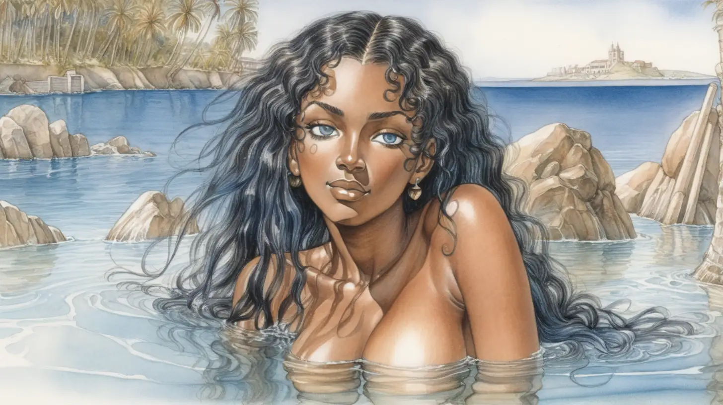La Isla del Tesoro,siglo xvi, mujer negra tumbada en el agua,pelo lacio,ojos azules,culo emergiendo, lasciva,feliz,Milo Manara, acuarela