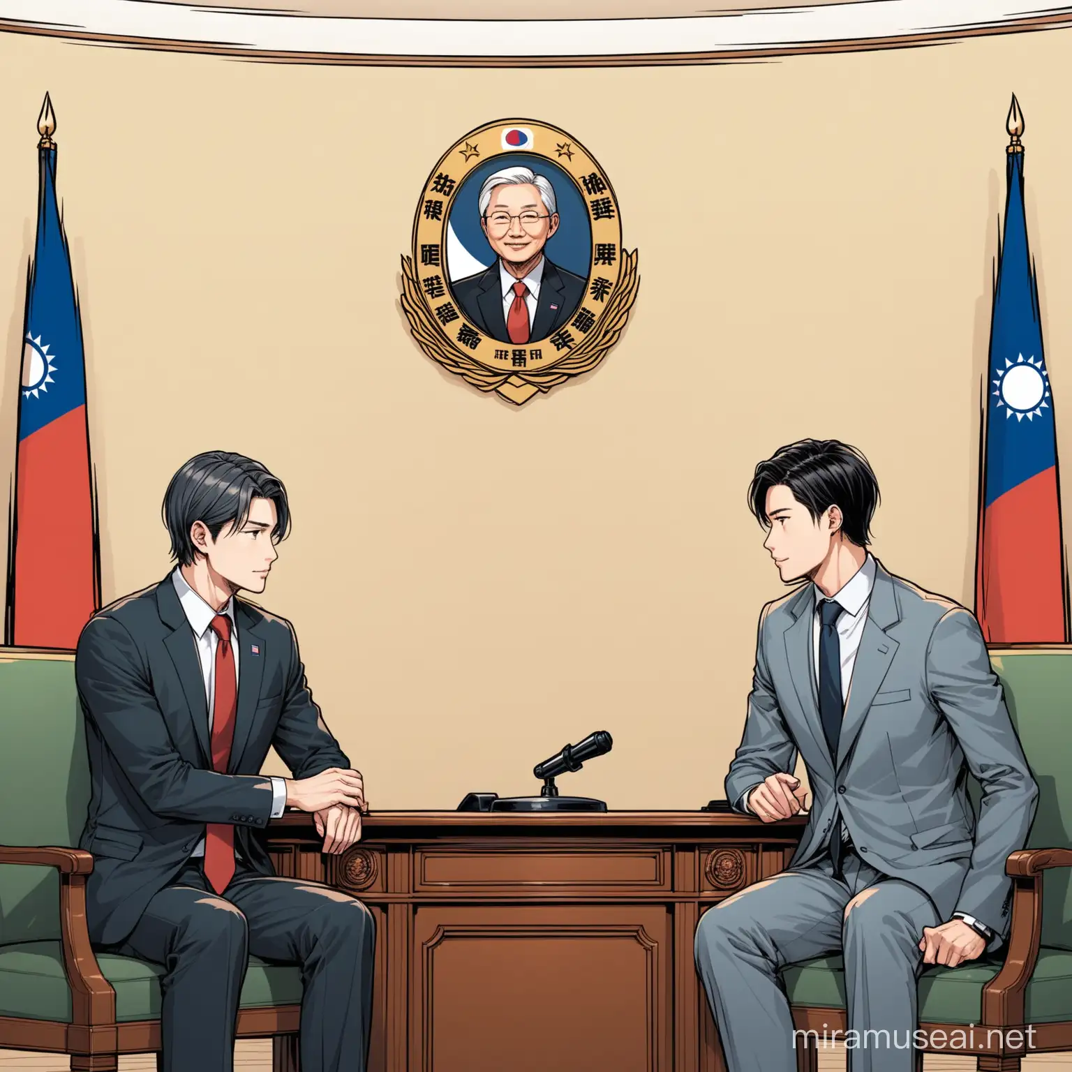 The background is the Oval Office. Taiwan's flag is erected on the wall.

A handsome man in his 20s is wearing a gray suit set. The tie is red.

A handsome man in his 20s sits down and talks with a politician in his 50s.