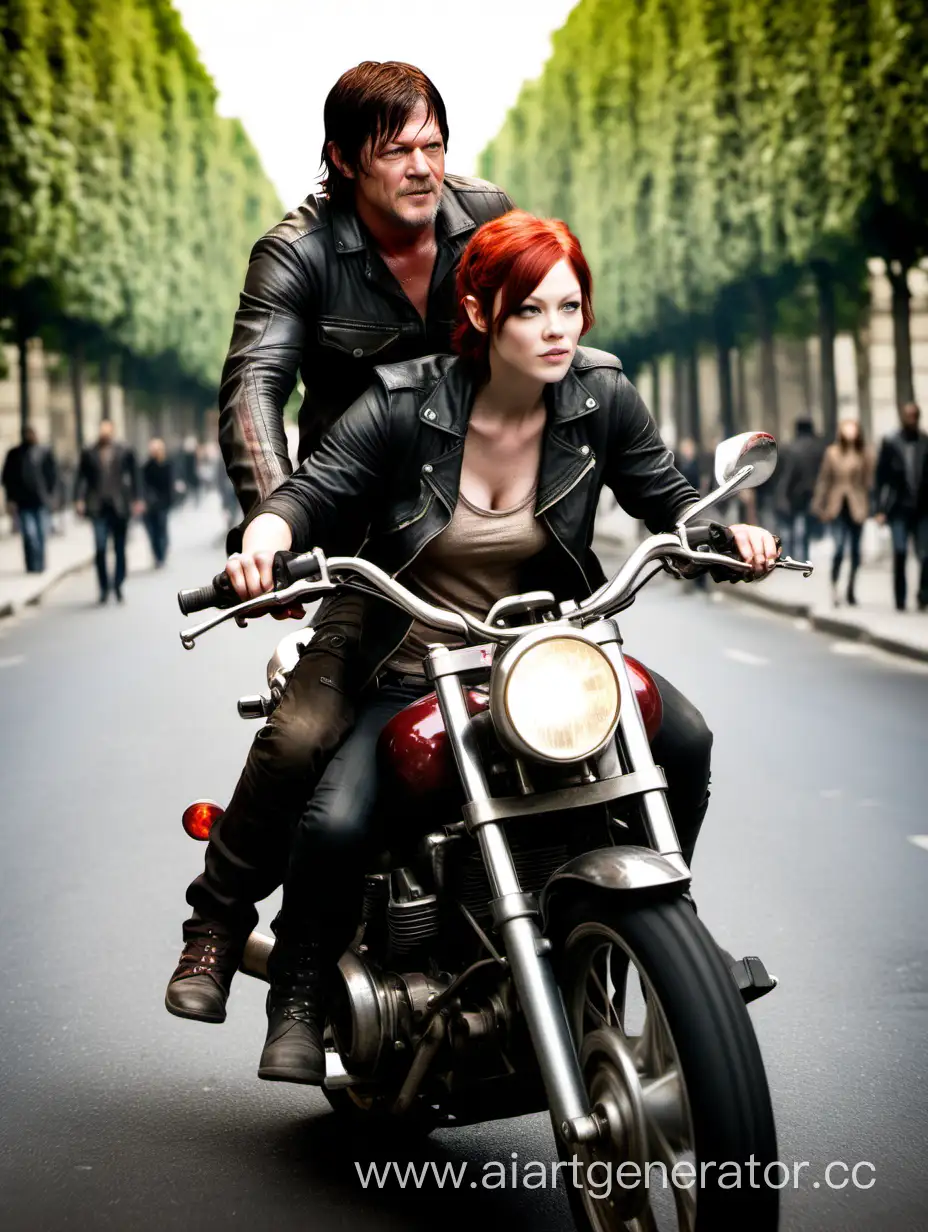 Дэрил диксон едет на мотоцикле по парижу с девушкой с короткими красными волосами