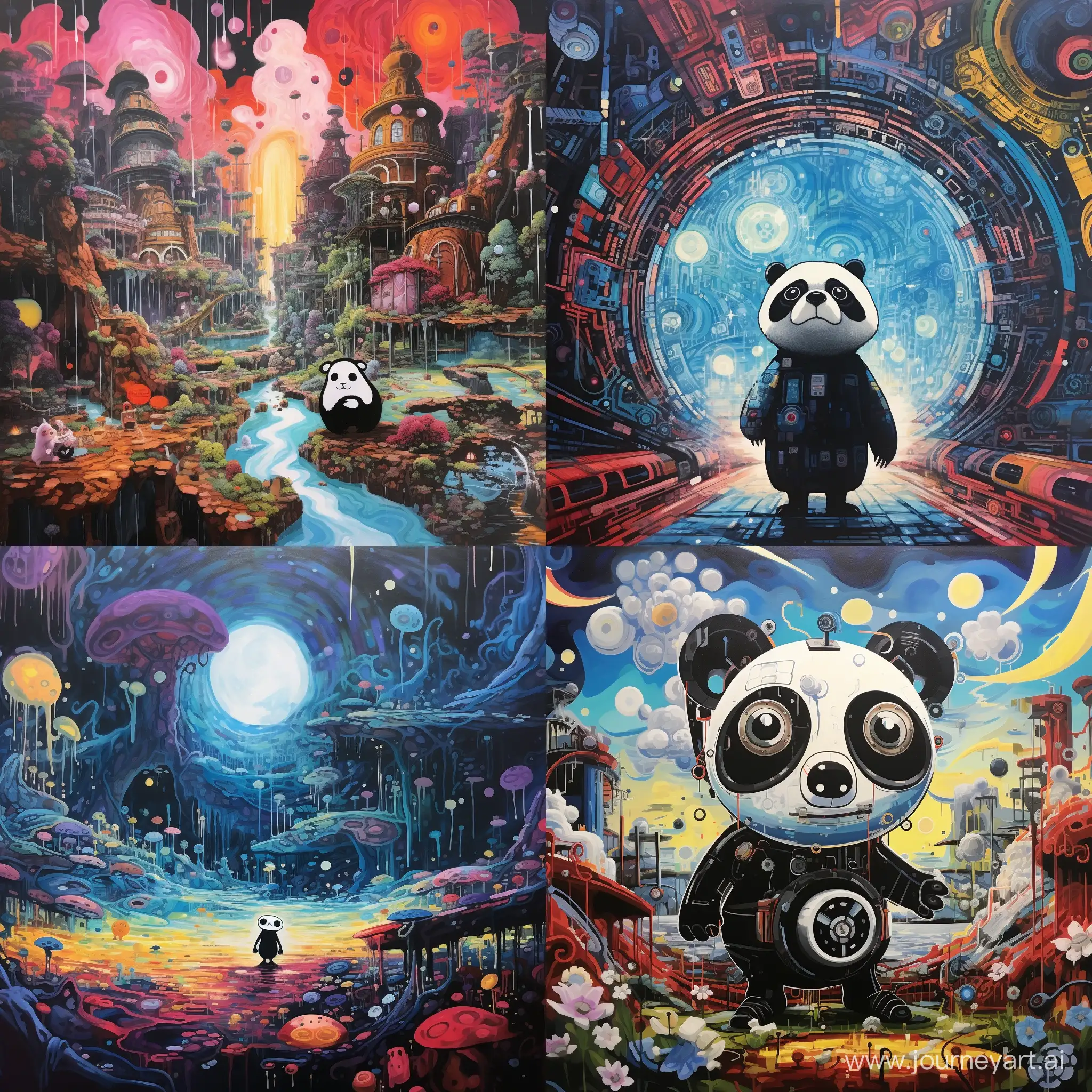 gaint panda in the future world, x Miyazaki Hayao style, acrylic painting



