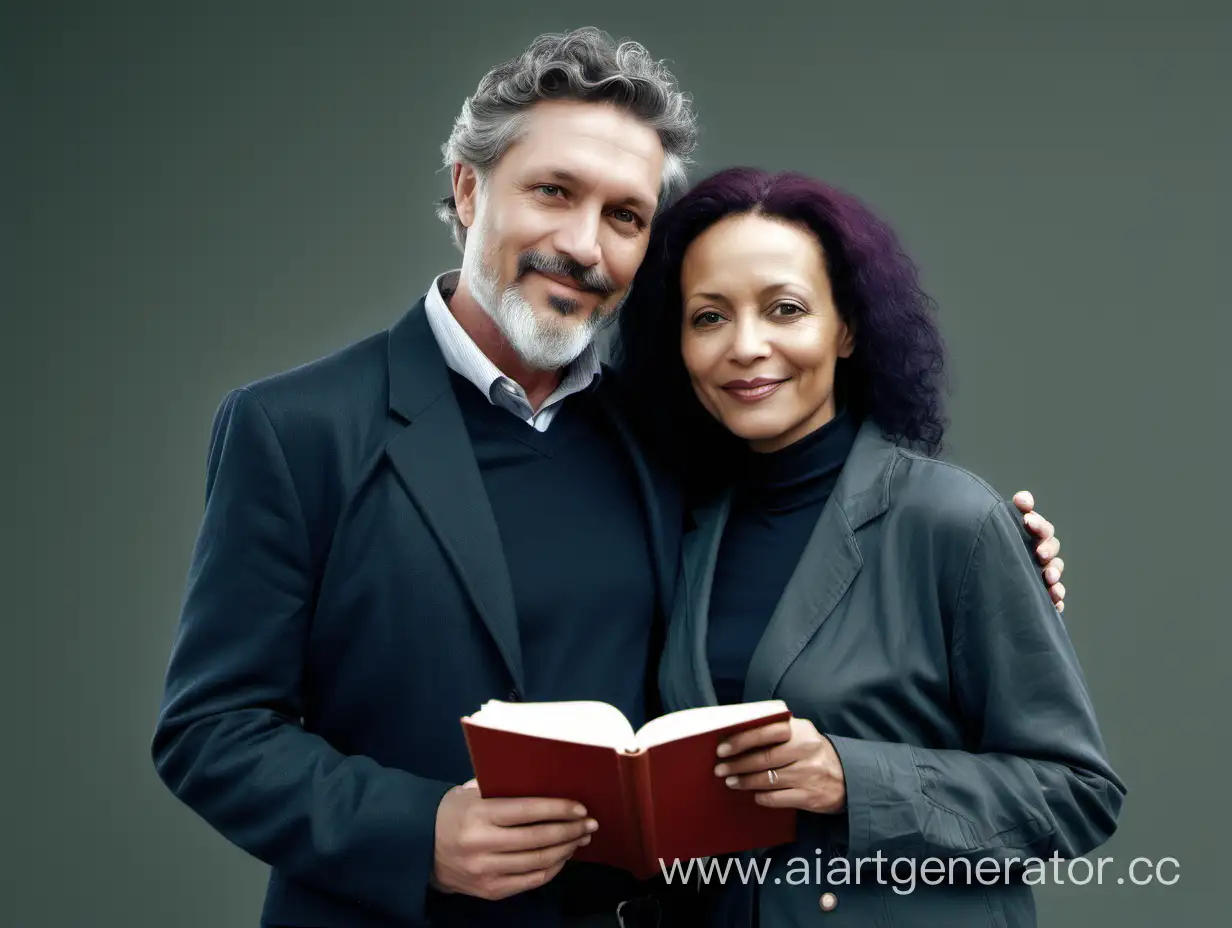 woman, 40 years old, pure soul, a poet, holding a diary, standing next to husband, happy