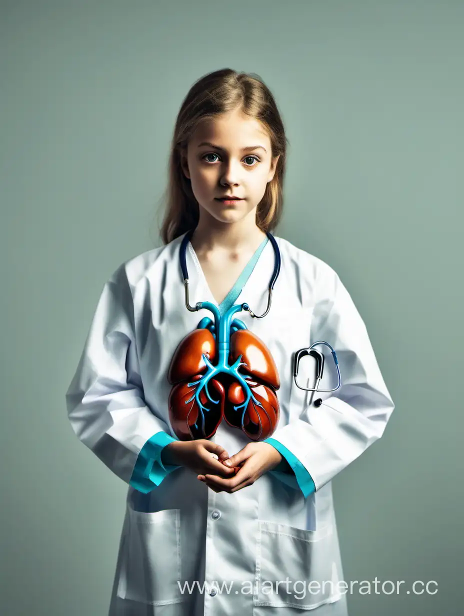 a  girl in a medical gown with a kidney in her hands