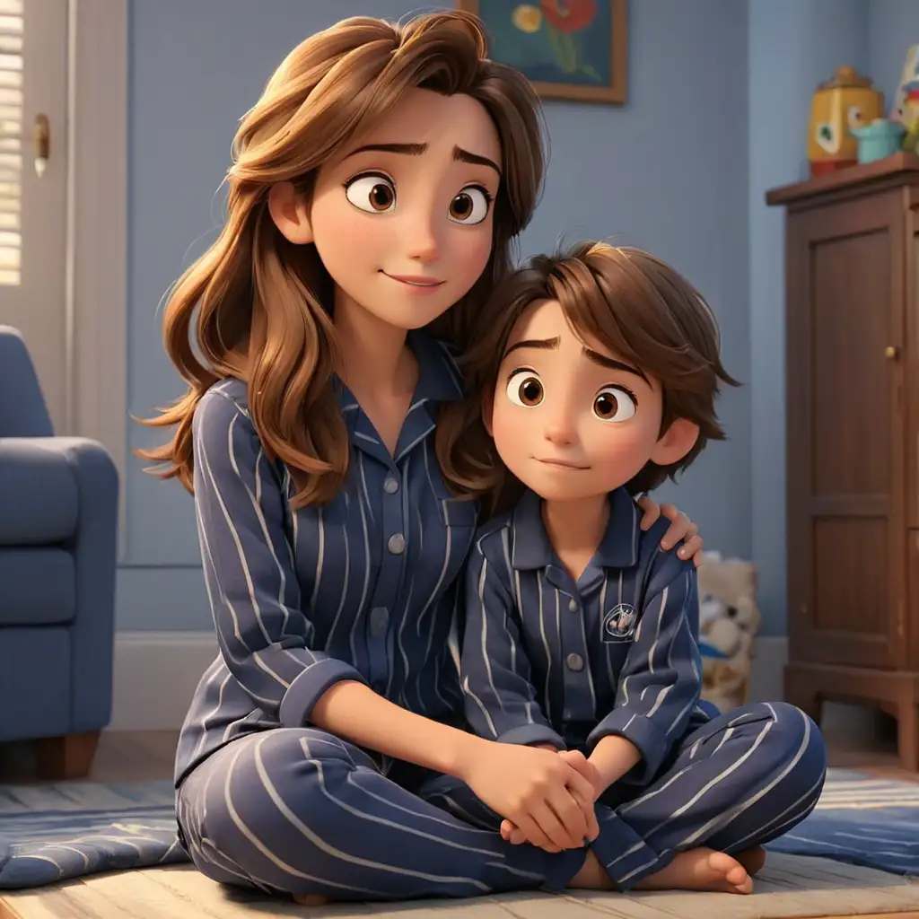 Disney pixar theme, 3d animation, beautiful mom, long straight brown hair and brown eyes, son with neat brown hair and brown eyes, sitting on the floor and looking at each other happily, wearing navy blue stripe pajamas