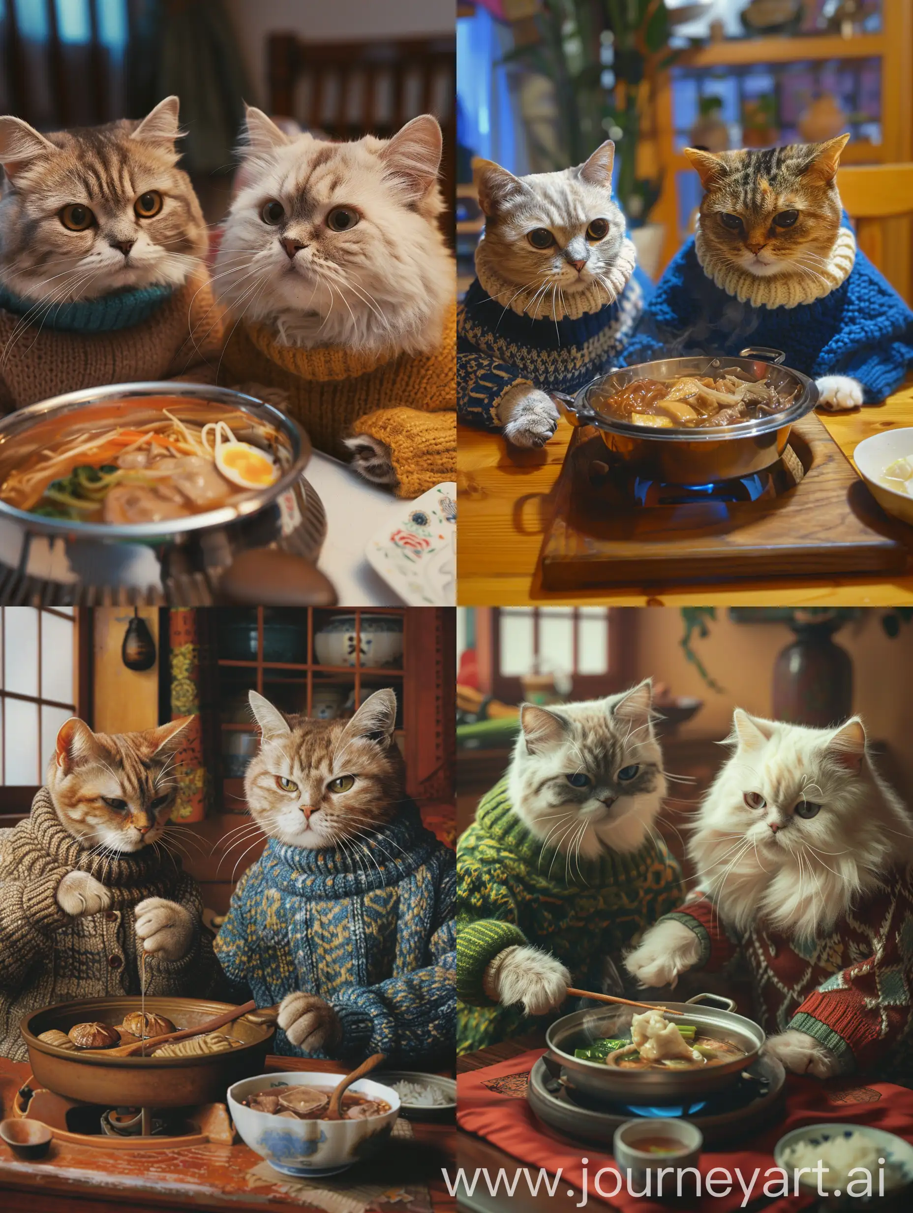 Two real cats, wearing woolen sweaters, are having a hotpot dinner at home.