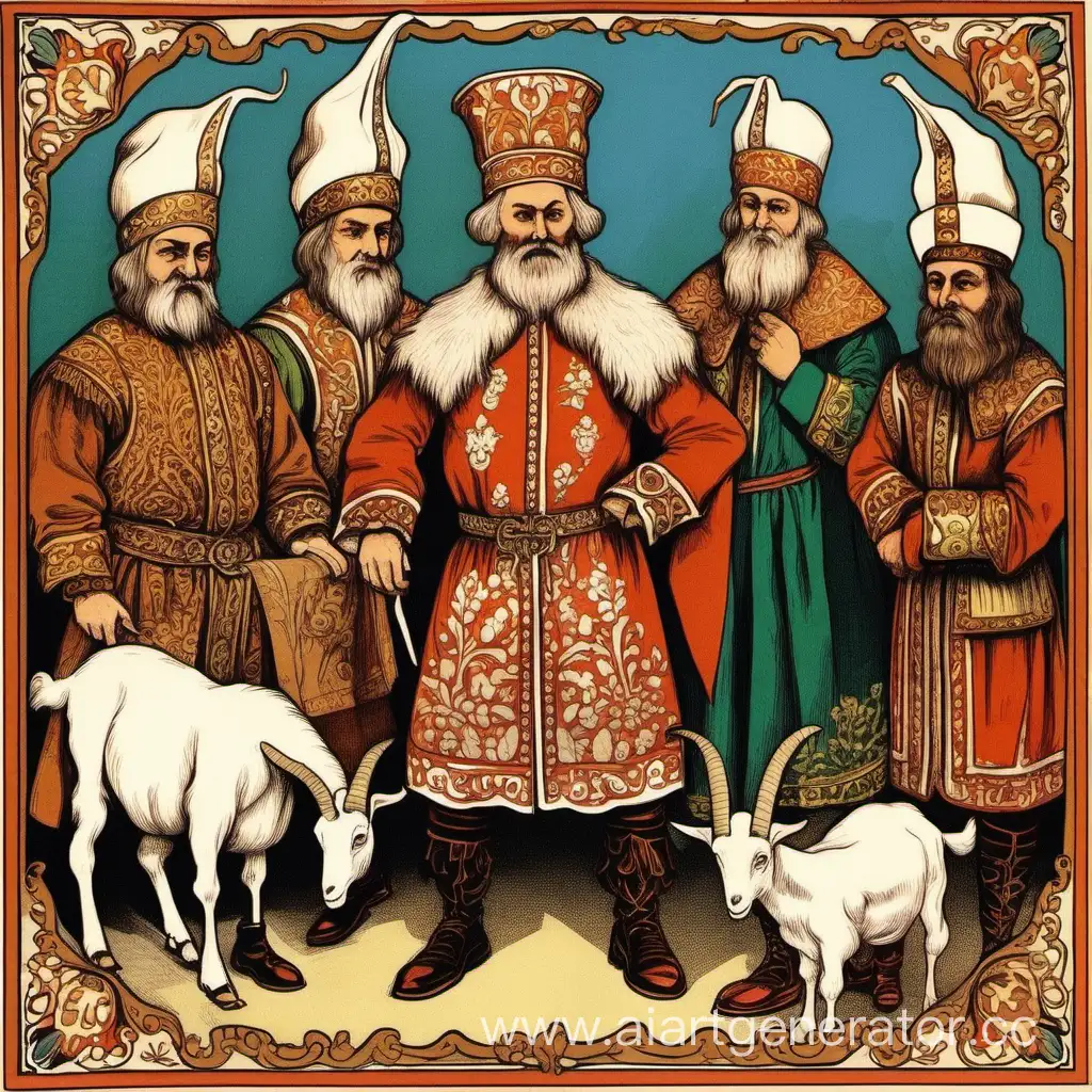 Serbian-Folk-Tale-Illustrations-Tsar-with-Goats-Ears-and-Barber-in-National-Costumes