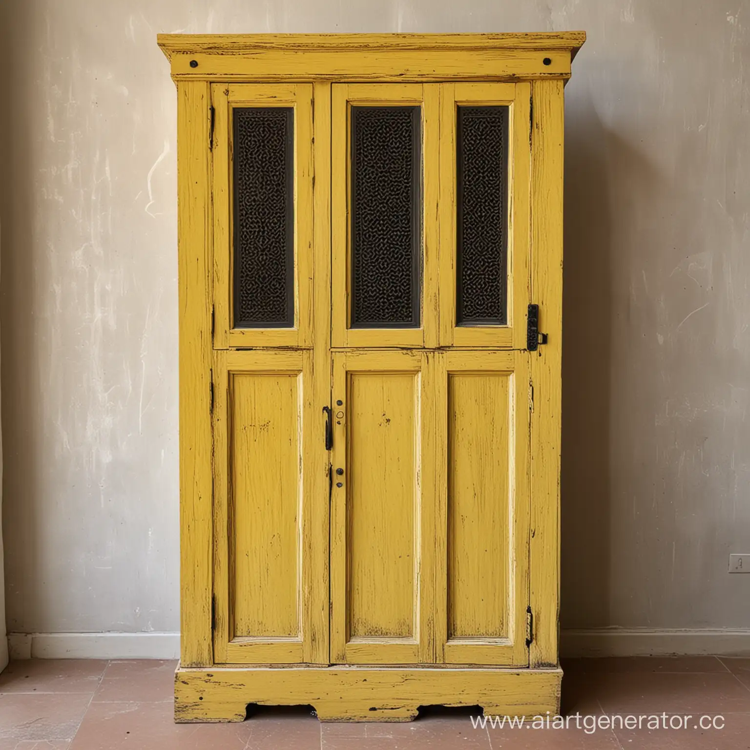 thin and long cabinet that looks like a yellow old wooden kuwaiti door with black accents
