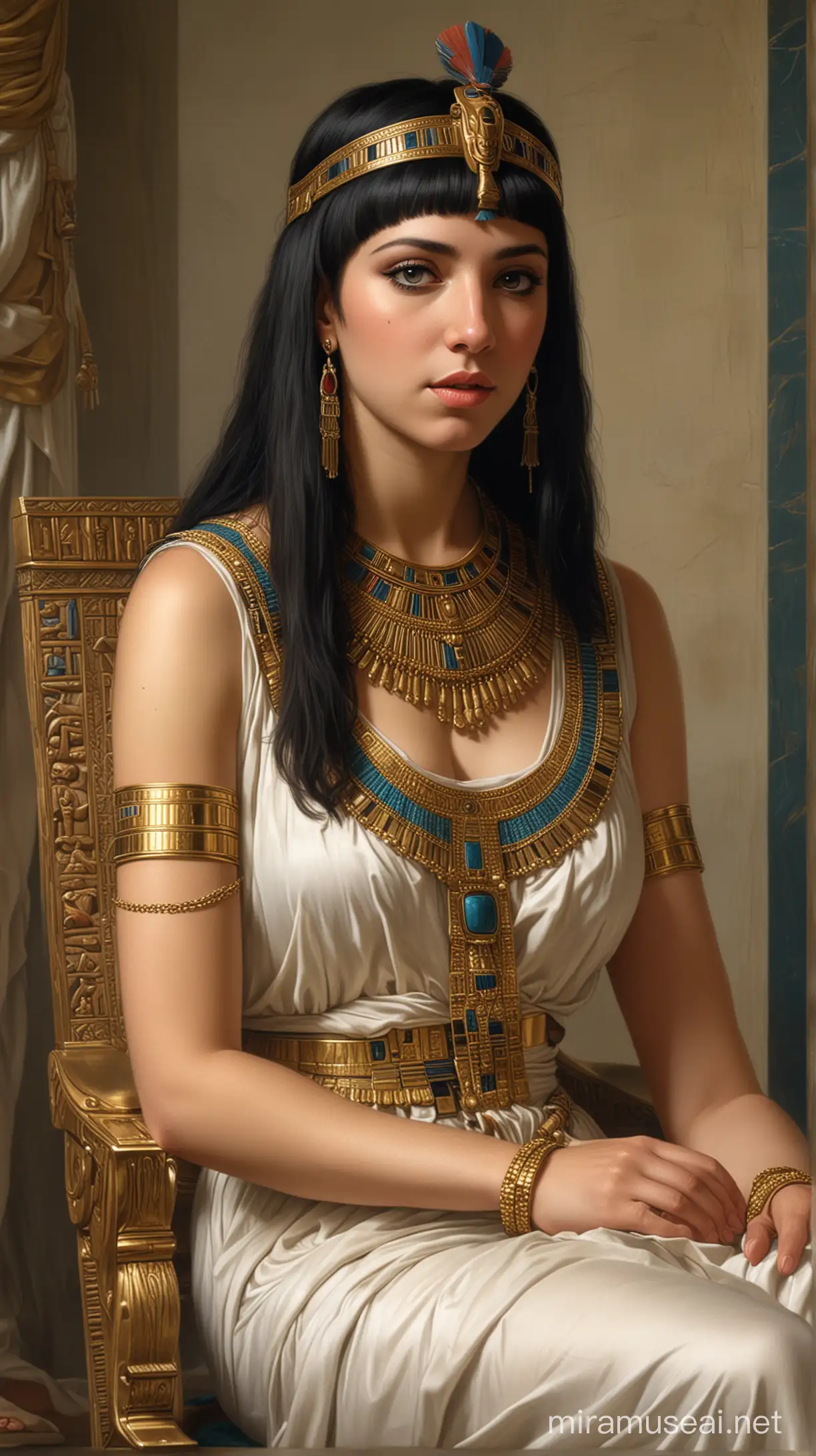 Cleopatra depicted as a young queen, inheriting the throne from her father, symbolizing the beginning of her reign.hyperrealistic