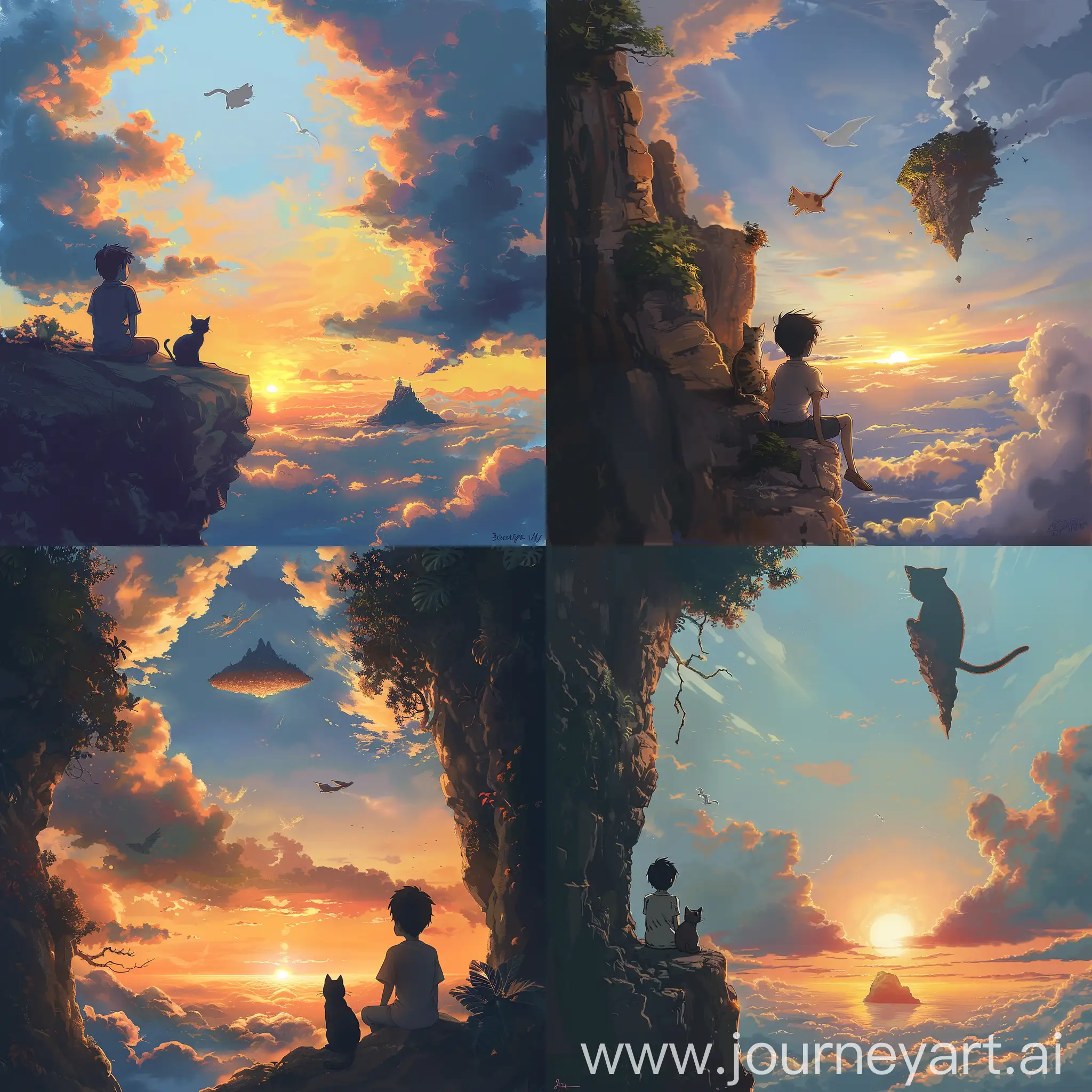 Sunset-Serenity-Boy-and-Cat-Gazing-at-Mysterious-Cloud-Island