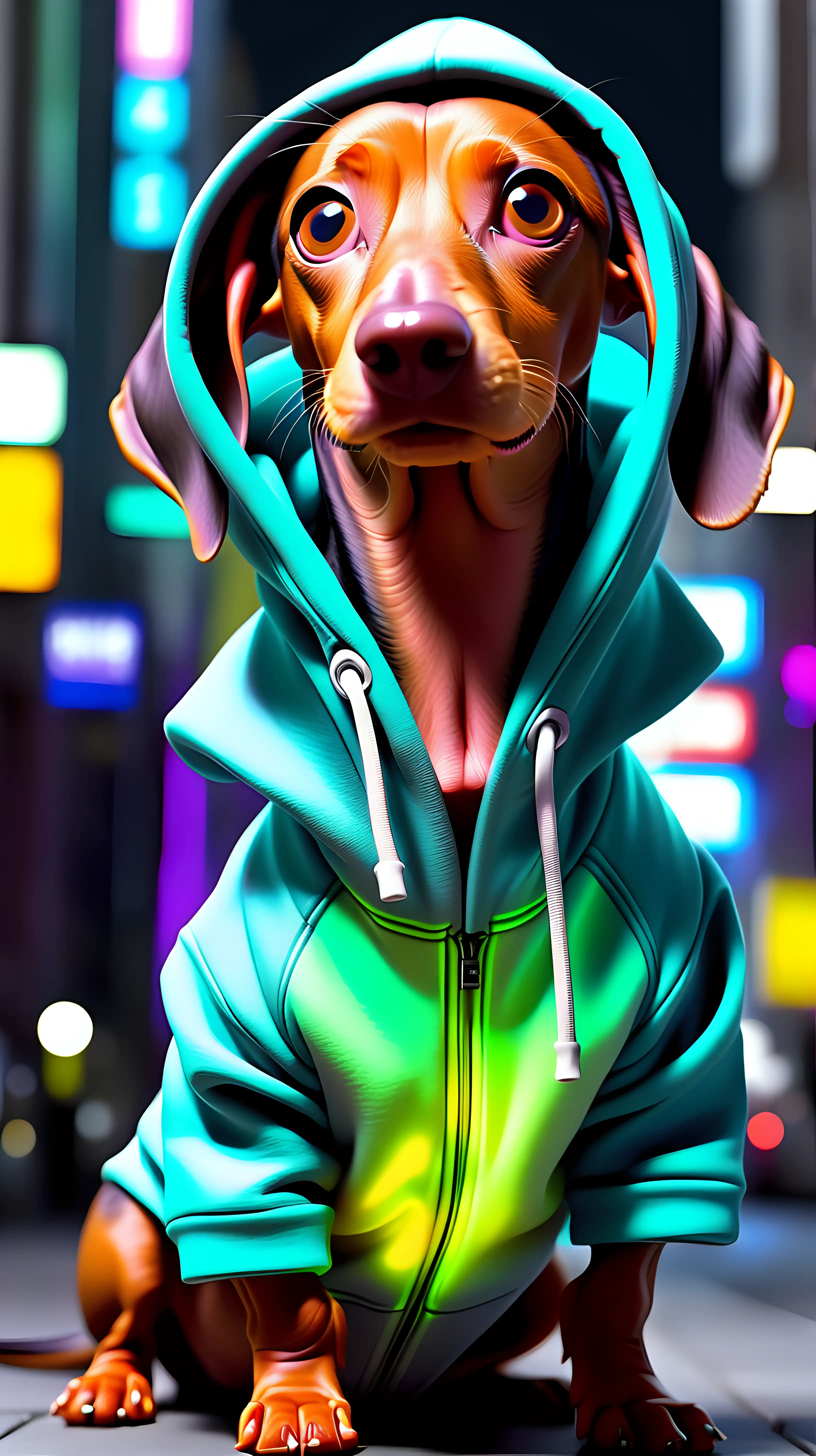 Dashond op steriode wearing hoodie, big city, futuristic, neon, night