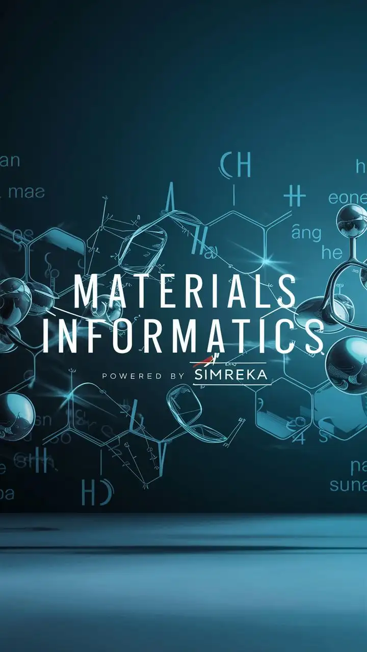 chemical molecules and formulae in the background, and text "MATERIALS INFORMATICS " and "Powered by Simreka". Image to be used on landing page of my web application