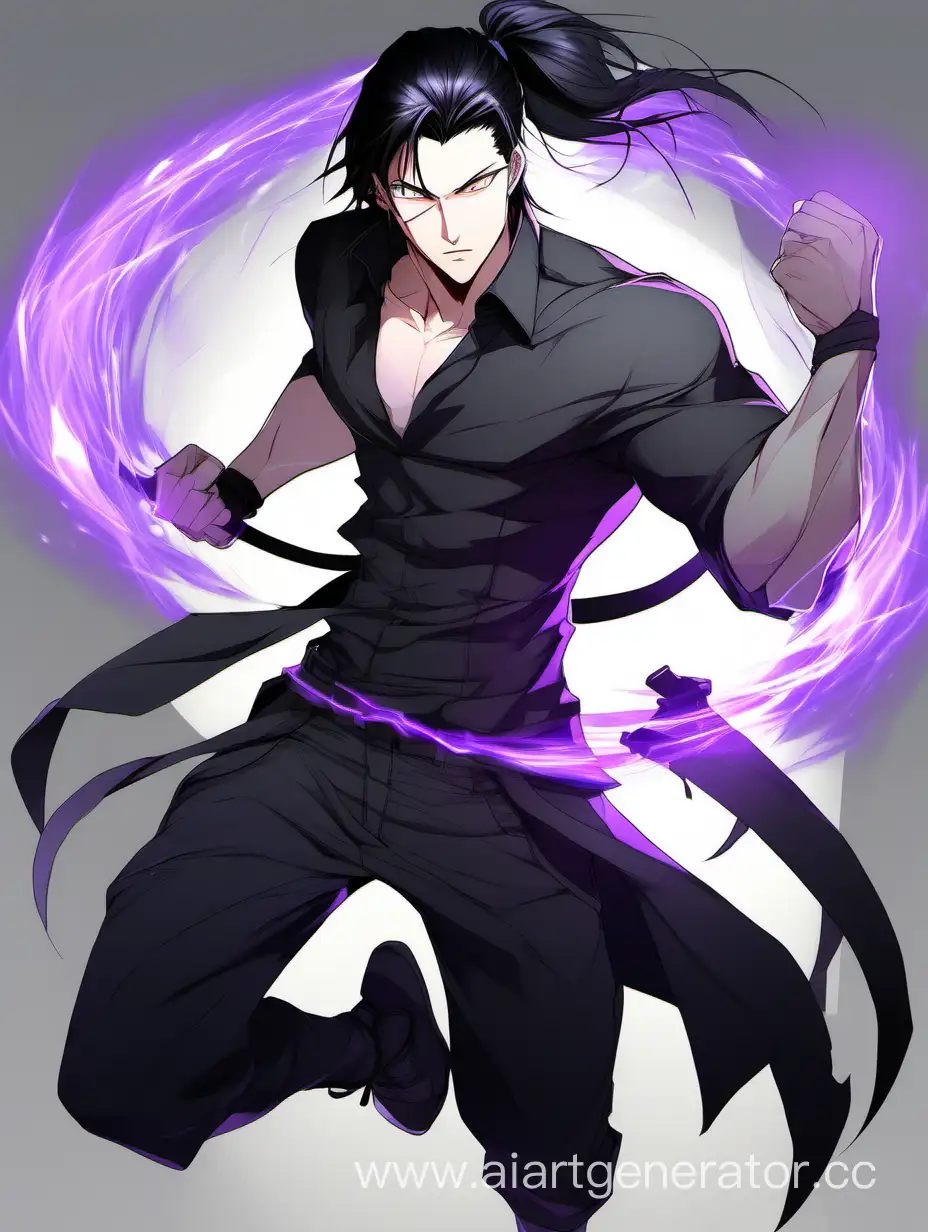 male, slightly disheveled black hair tied in a ponytail, light gray eyes, smirk, musculature, pale skin, fighting stance, dark clothes, purple magical aura