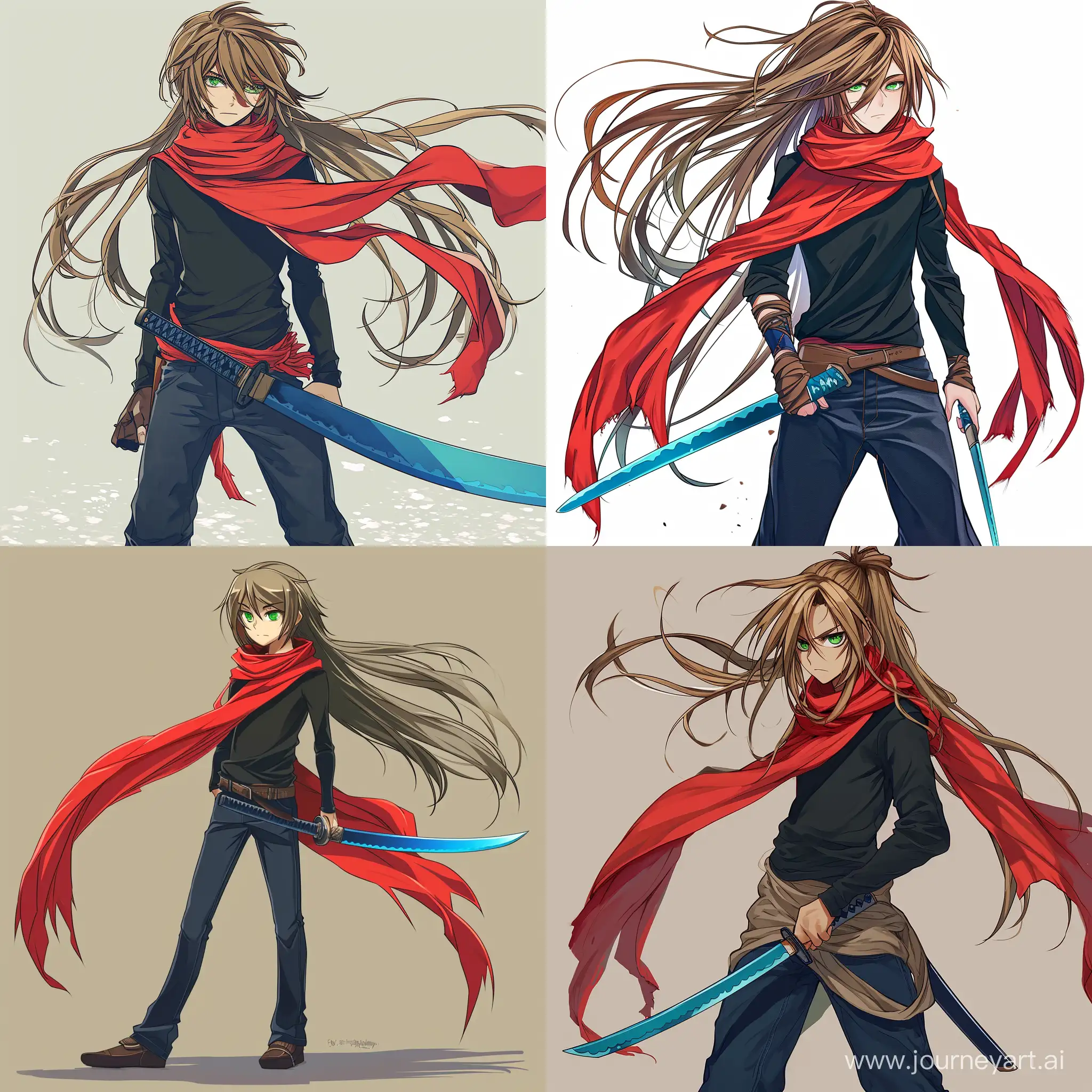 Longhaired Boy with green eyes, red scarf, black long sleeve shirt, dark blue jeans, katana with blue blade, yuyu Hakusho style.