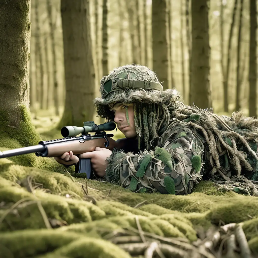 realistic man in a big ghillie suit and a balaclava in a jungle with a long  sniper