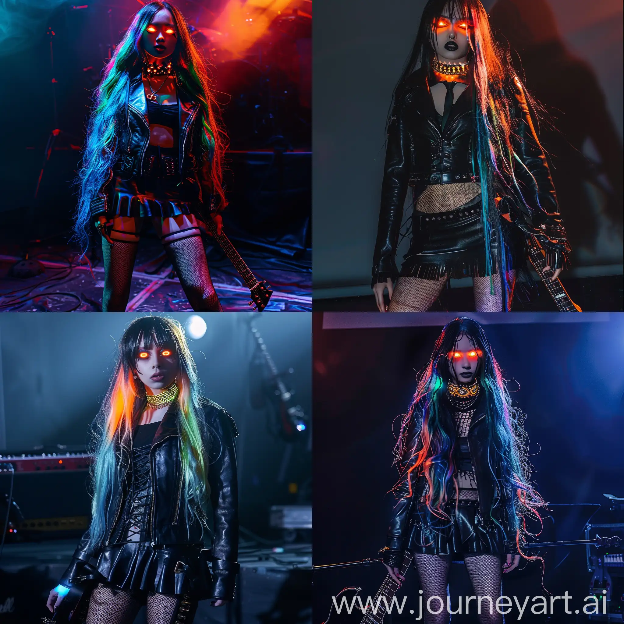 1girl, solo, multicolor long hair, glowing black hair, glowing orange eyes, alternative outfit, rock style leather jacket, short leather skirt, tights mesh ankle boots, electric guitar electro eye of god choker photo dark stage, studio light