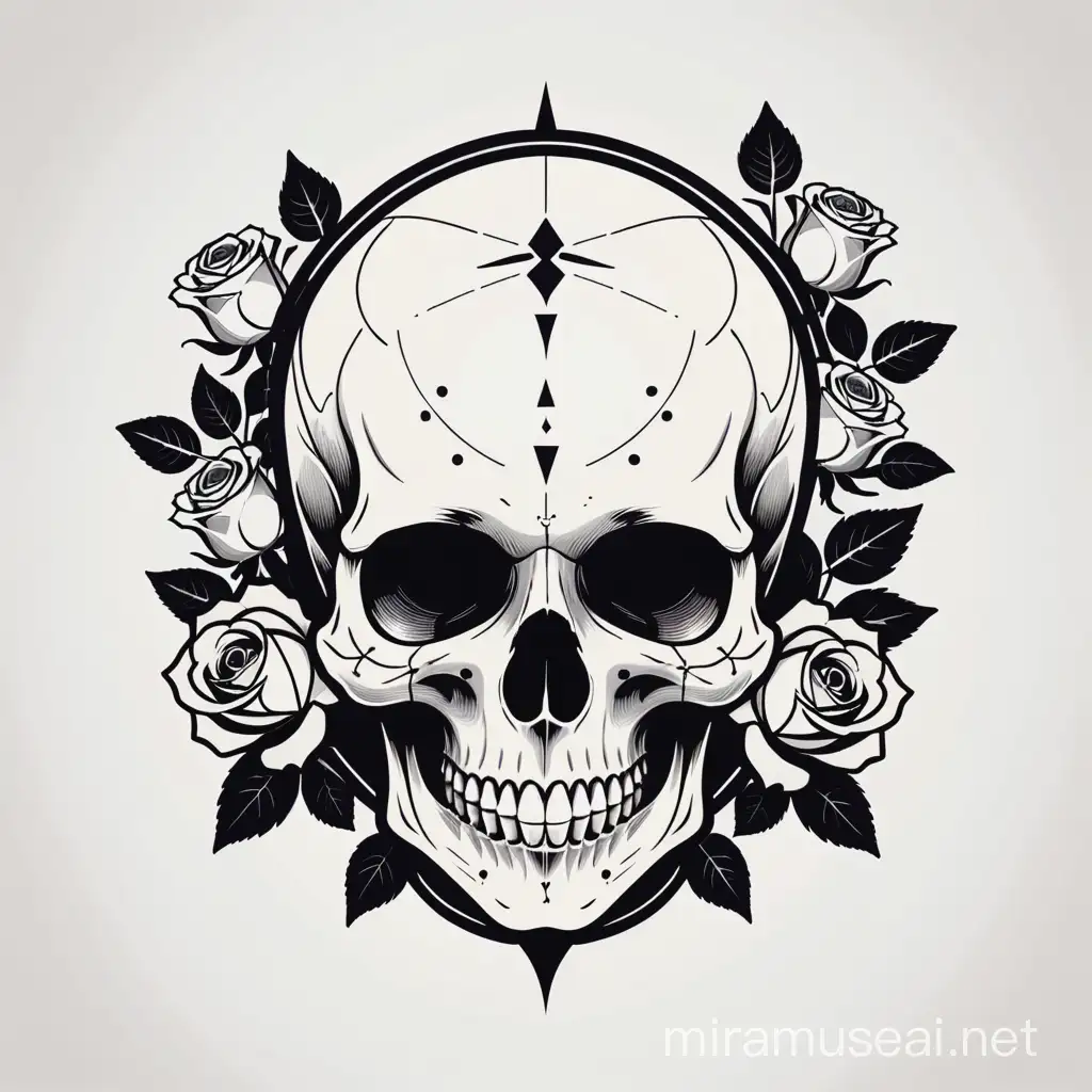 Vintage poster design, stencils, simple, minimalism, vector art,, Sketch drawing, flat, 2d, vintage style ,skull with roses around it, out of proportion, black and white color