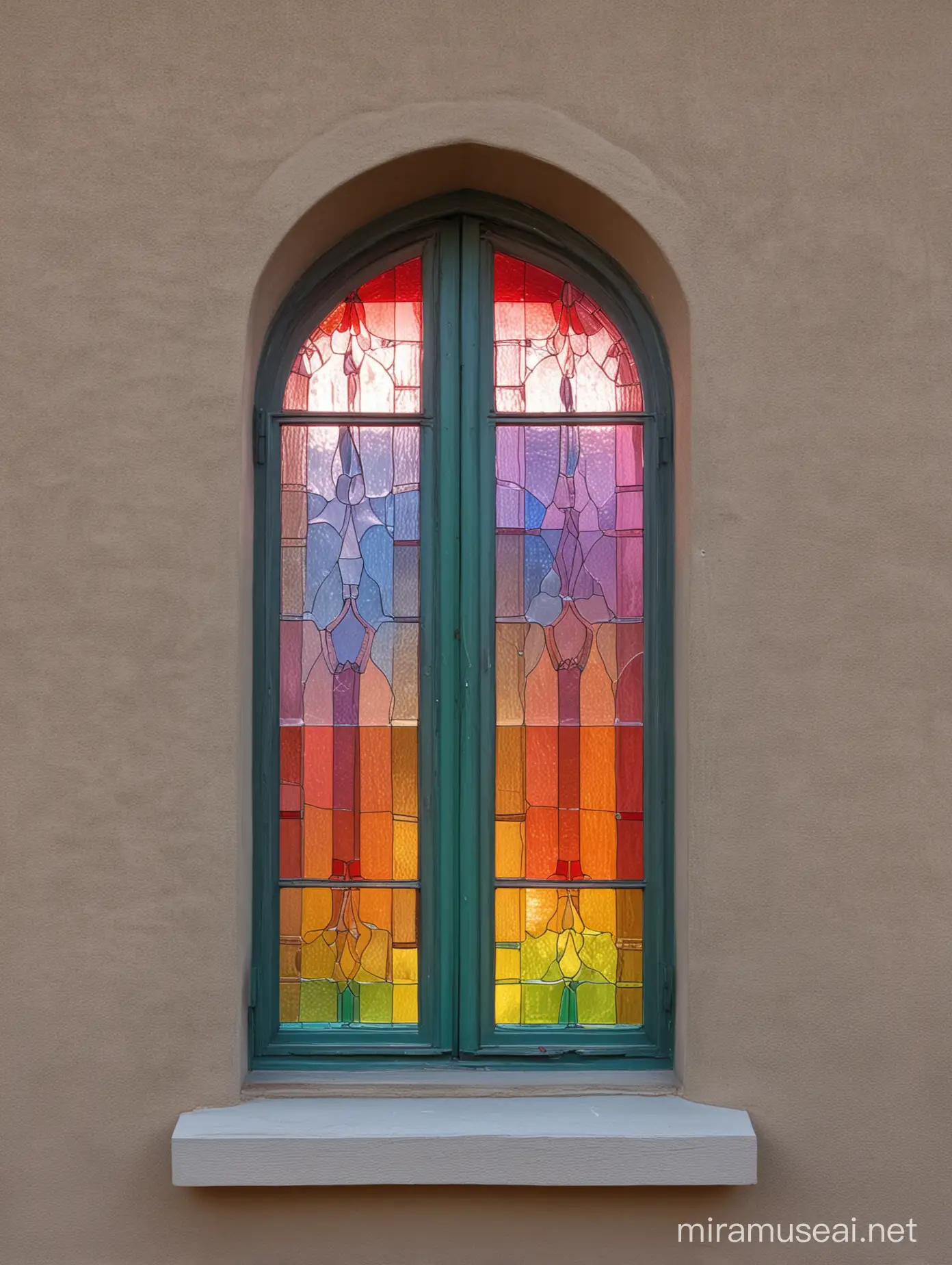 Leaded windows glasses color geadient rainbow. The light shines through behind it.