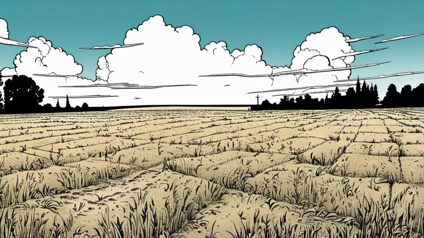 Vibrant Comic Book Style Abandoned Field Illustration