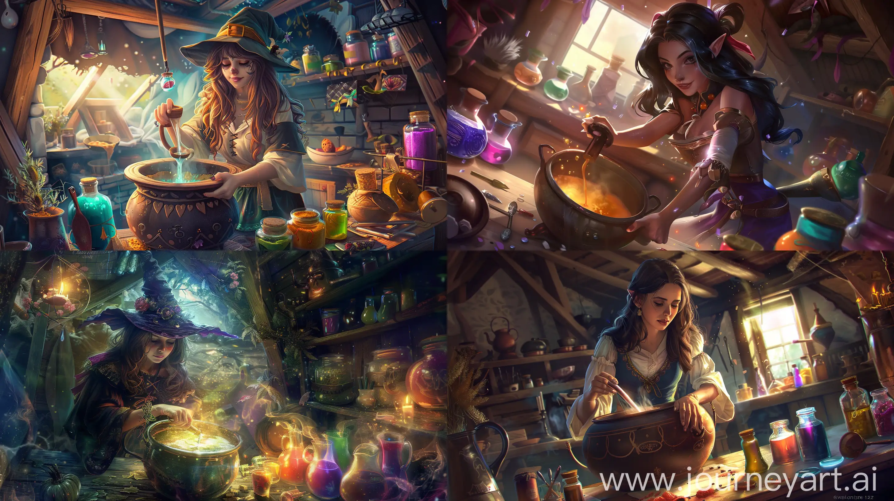 Enchanting-Young-Witch-Brewing-Colorful-Potion-in-Cozy-Hut