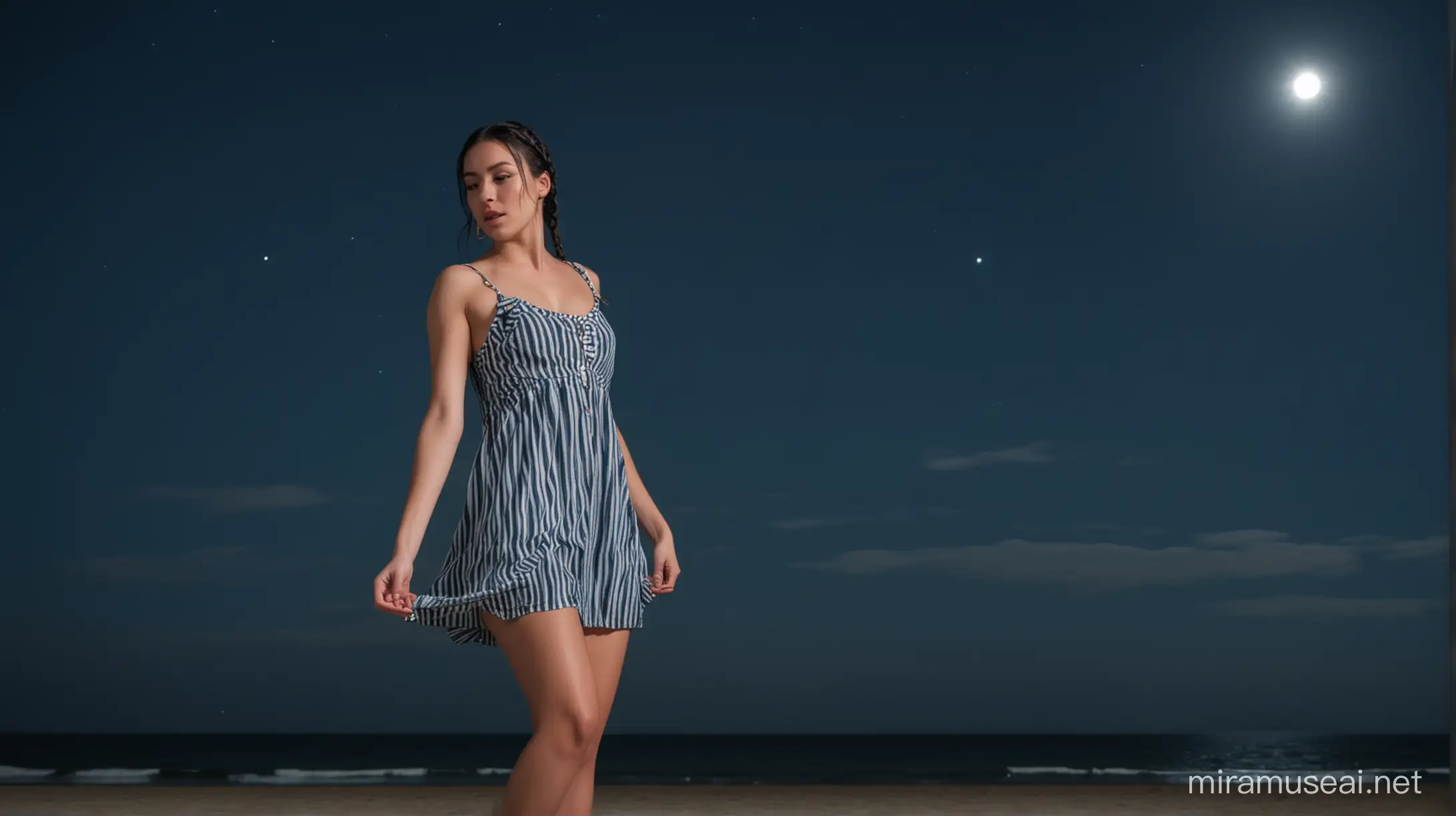 woman white skin, blue striped sundress, black hair, braided hairstyle, standing and looking straight at us, long legs, beautiful legs, big hips, night, black sky, beach, moonlight