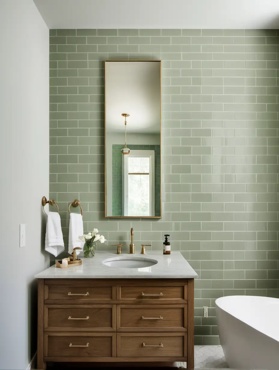 Editorial style photograph of bathroom with soft green subway tile paired with wood vanity
