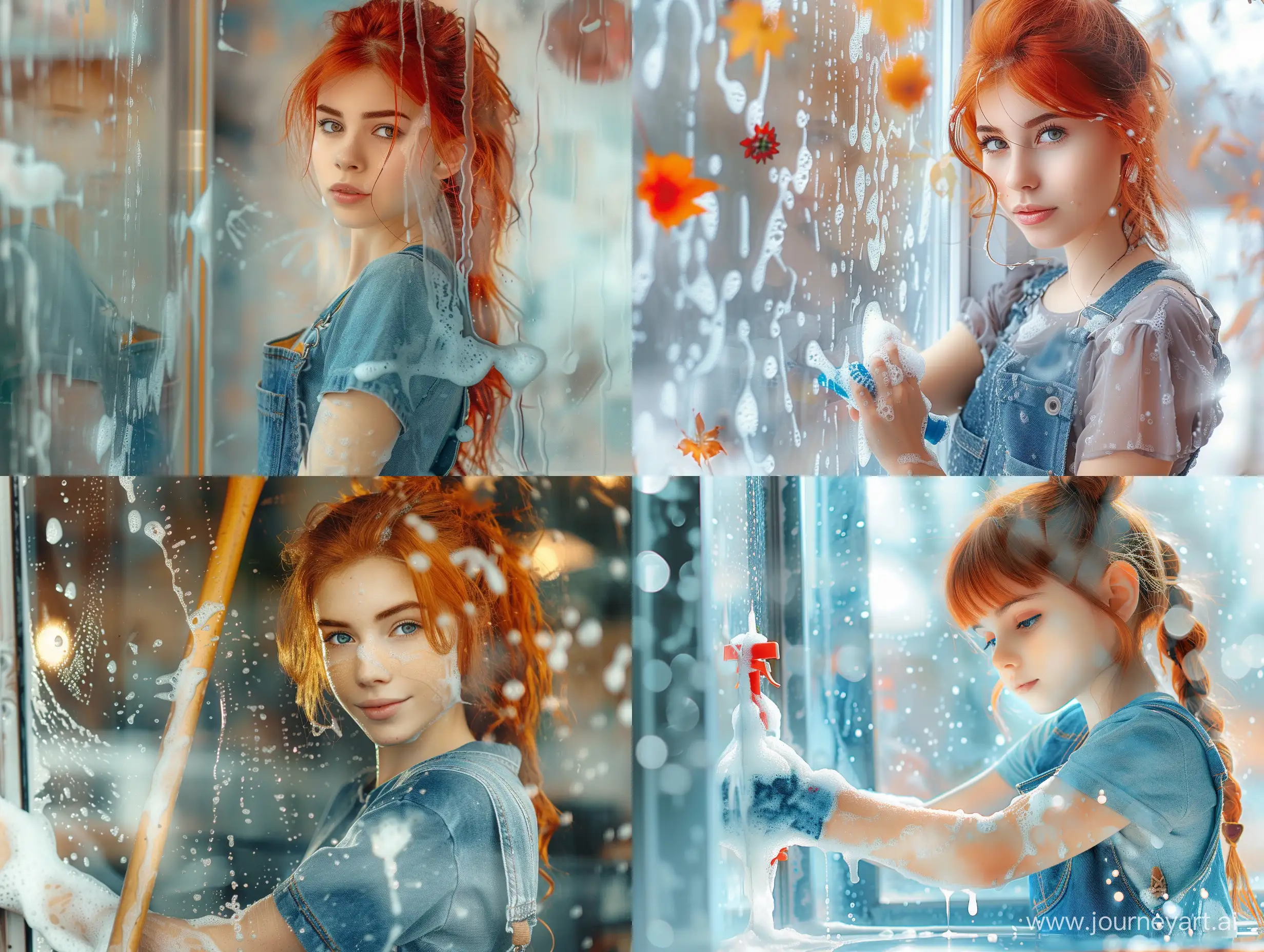 красивая девушка с рыжими волосами в комбинезоне моет окна специальным средством