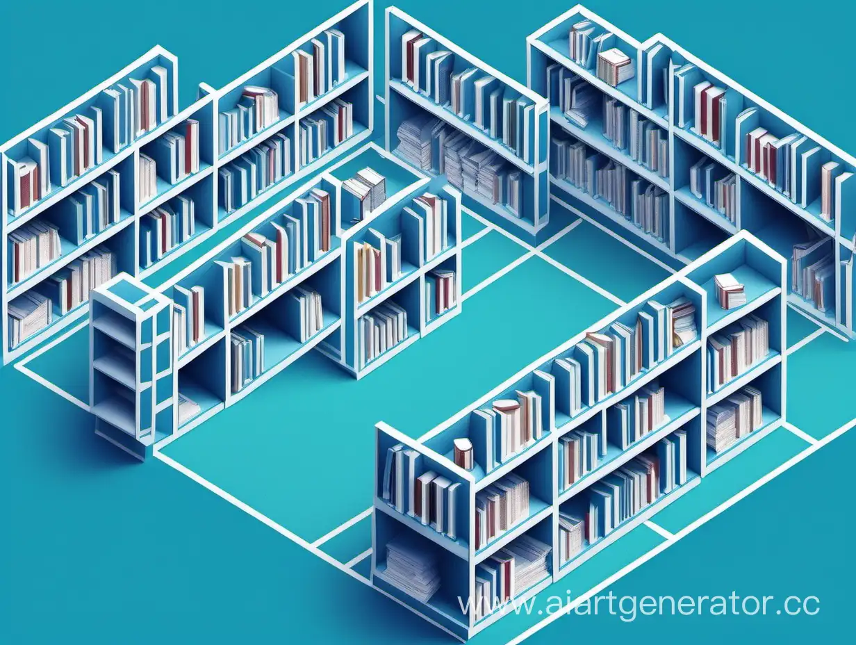 isometric, endless library with only white bookshelves, blue background color, digitalization