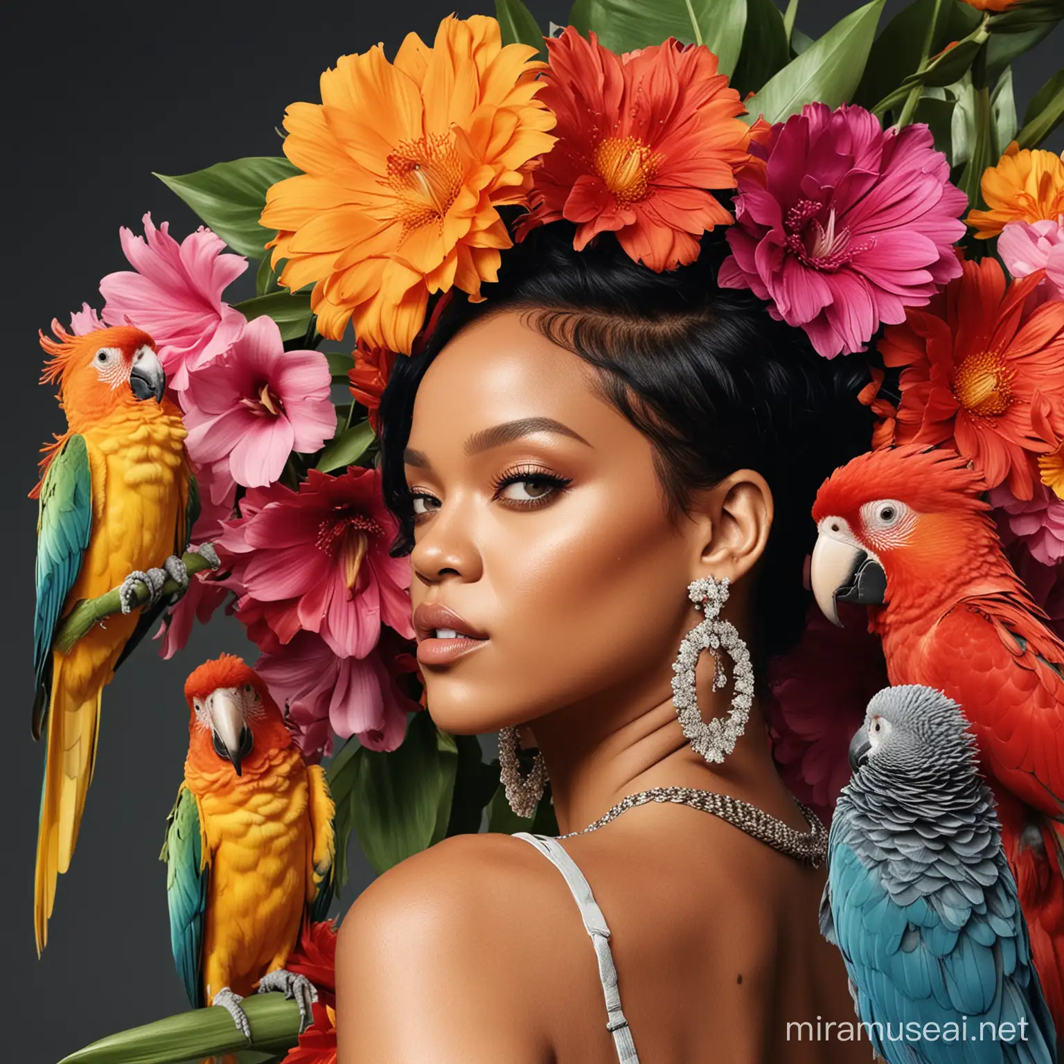 Rihanna's face from the side, from behind on the left side you can see very large colored parrots, and on the right some giant flowers