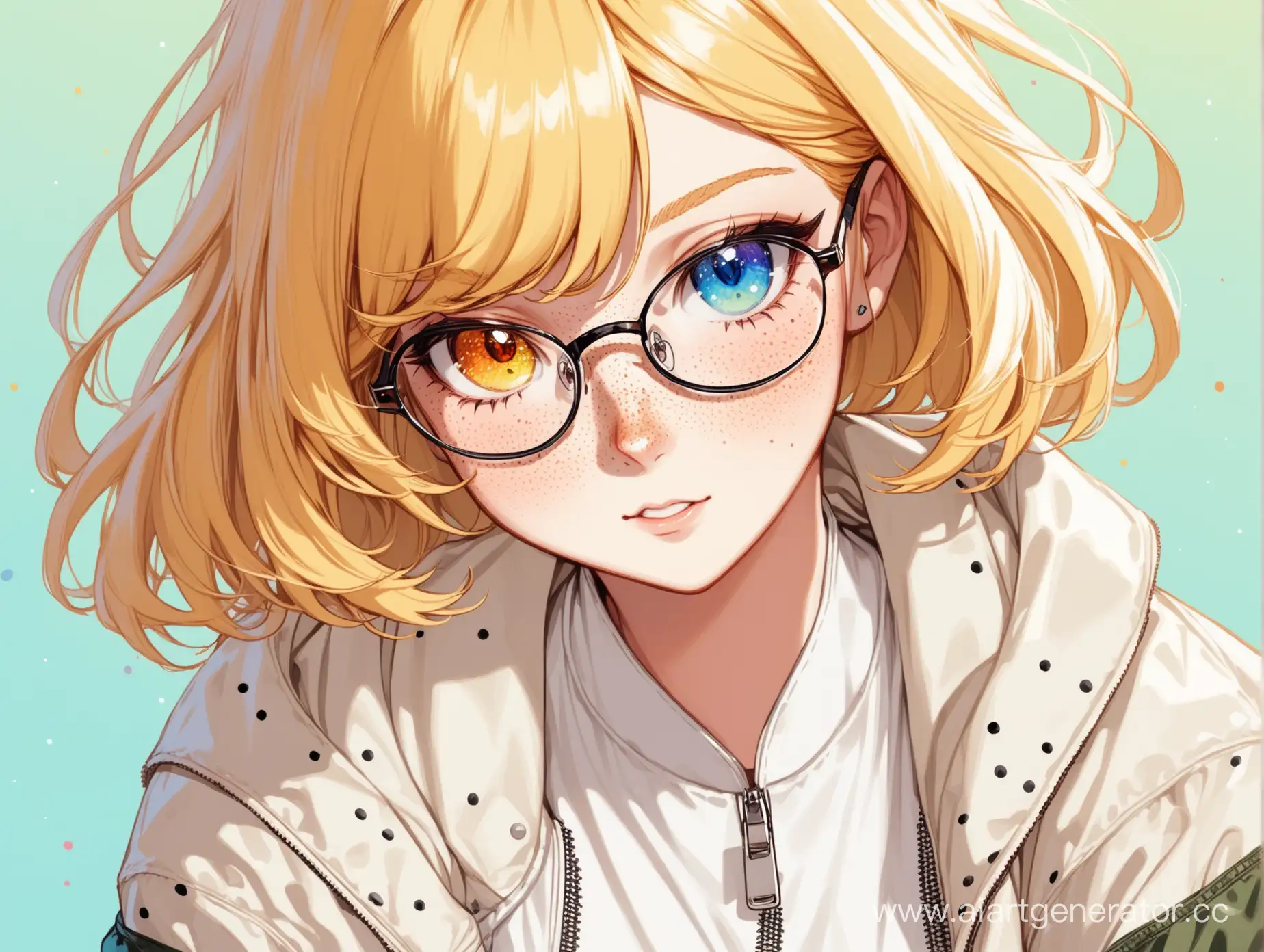 blonde in a white dress and a big bomber jacket, heterochromia, glasses, freckles