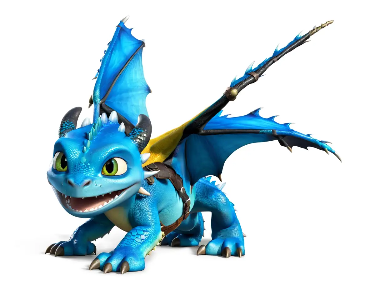 3D render of the character "Cancore" from How to Train Your Dragon, a blue baby dragon with yellow eyes and black feet on a white background, done in the style of the film