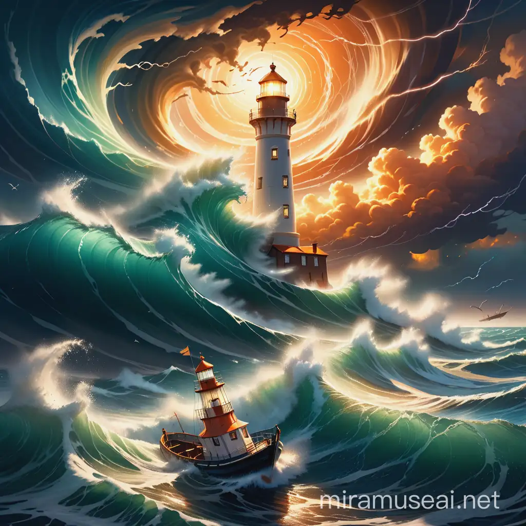 Dramatic Lighthouse Amidst Chaotic Seascape
