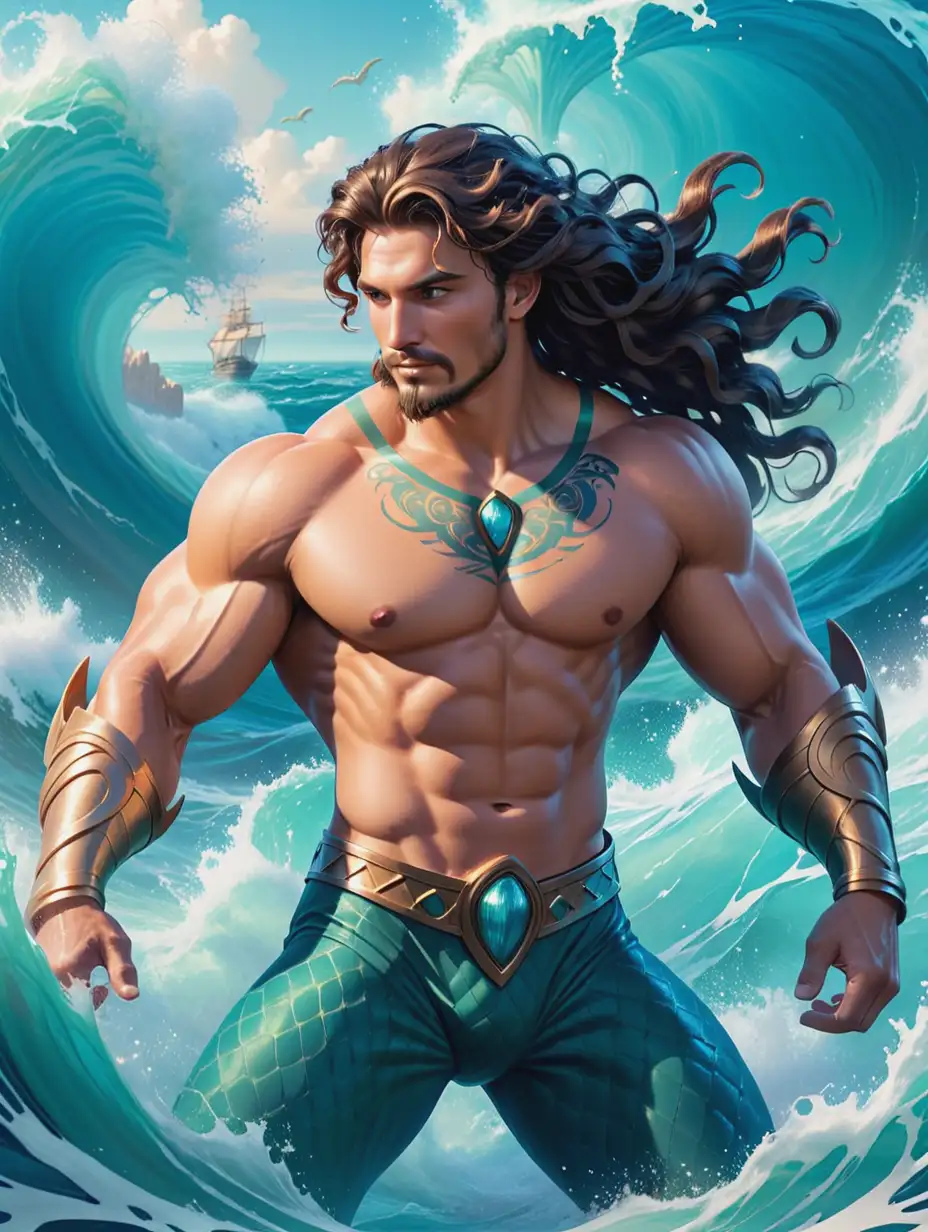 Atlantian Male Amidst Ferocious Seascape in Soft Faded Colors