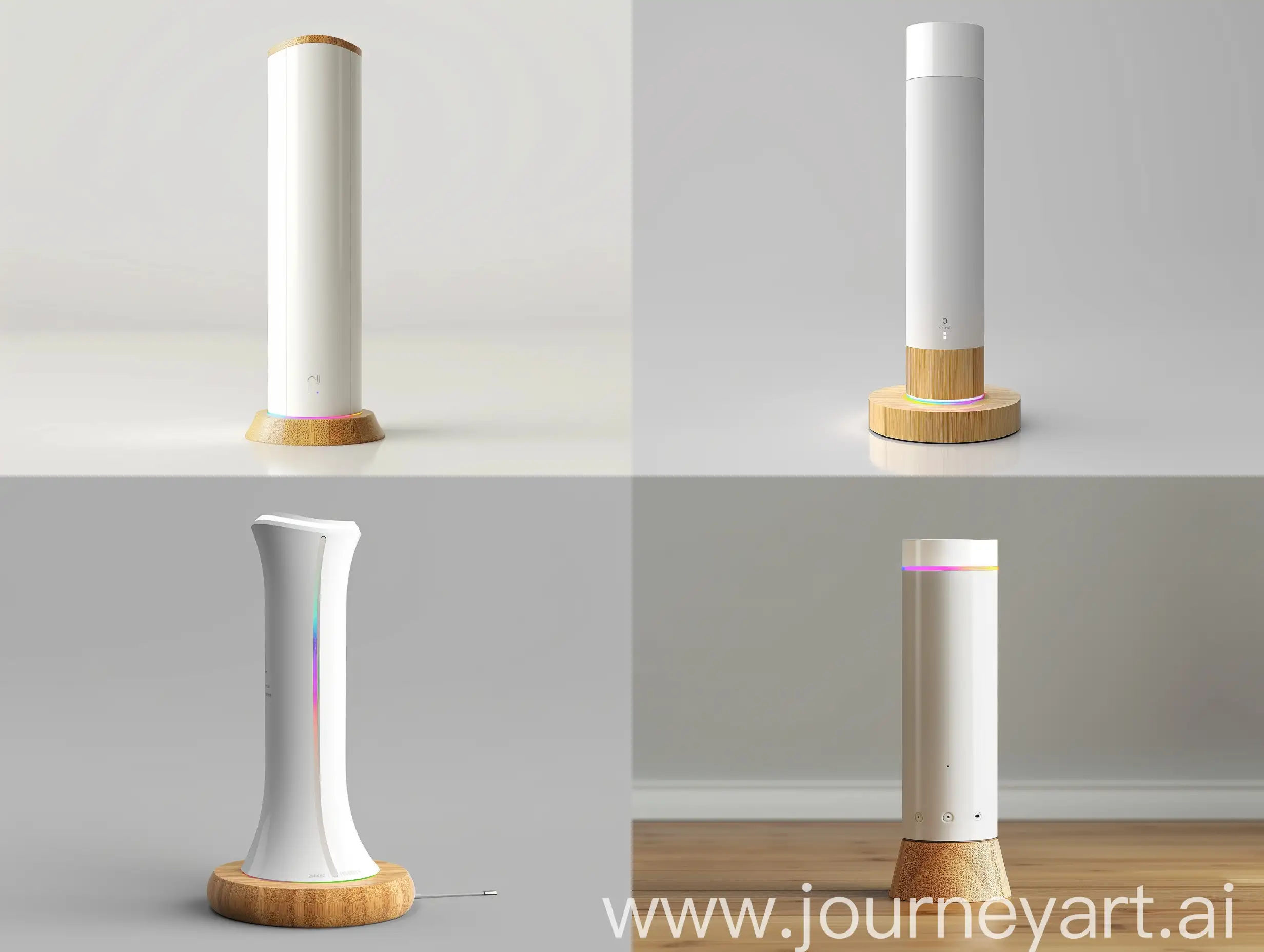 "Envision a sophisticated, eco-friendly energy management device that stands 30 cm tall, with a form gracefully tapering from an 8 cm bamboo base to a 5 cm top. The base is made of sustainable bamboo, showcasing a commitment to environmental sustainability, while the body is crafted from premium recycled plastics in a serene white or light gray, embodying modern minimalism. A discreet touch-sensitive strip is ingeniously integrated midway up the body for intuitive control, maintaining the device's sleek silhouette. At the top, an innovative white color LED light tag wraps around the edge, offering ambient lighting and colorful notifications. Small, hidden speakers near the top provide audio feedback, complementing the tactile interaction. The device is powered via a USB-C port at the bamboo base's rear, with a concealed wire for a clean aesthetic. Inside, a durable battery ensures reliability, embodying the perfect blend of functionality, sustainability, and minimalist design. This device transforms smart home energy management into an art form, harmonizing with the decor while promoting a sustainable lifestyle."realistic style