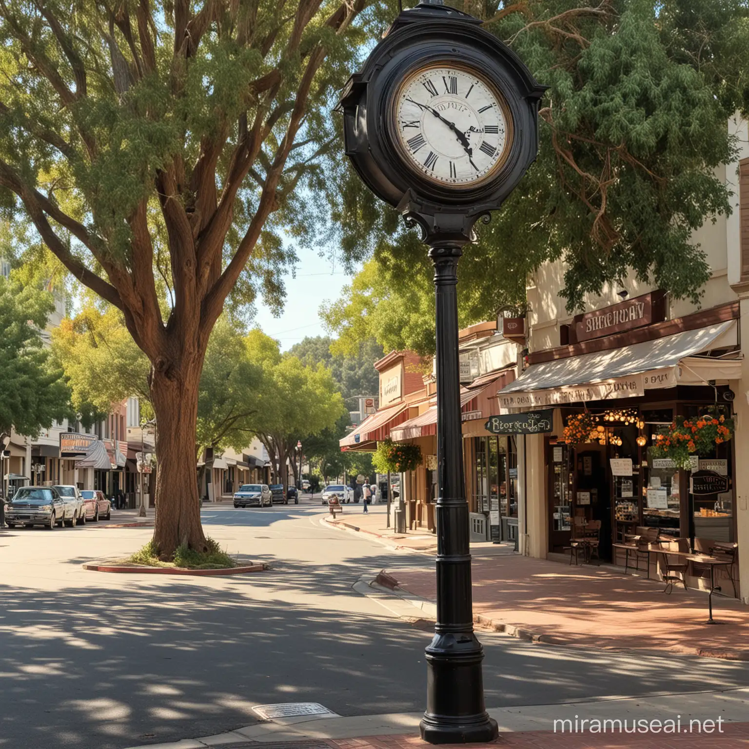 street of old town auburn California with a big vintage clock 
